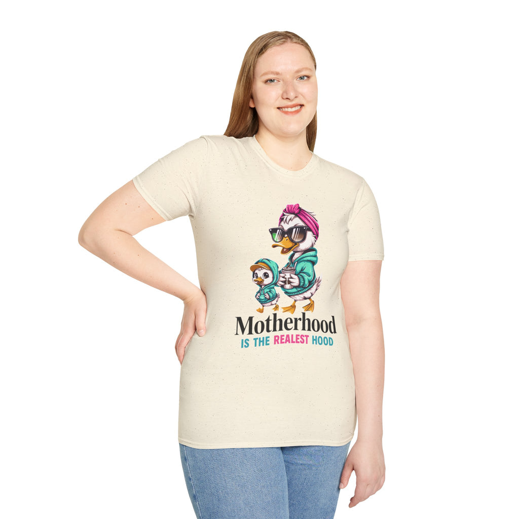 Motherhood Is the Realest Hood Cute Duck Mom Unisex T-Shirt | Funny Farm Mom Graphic Tee