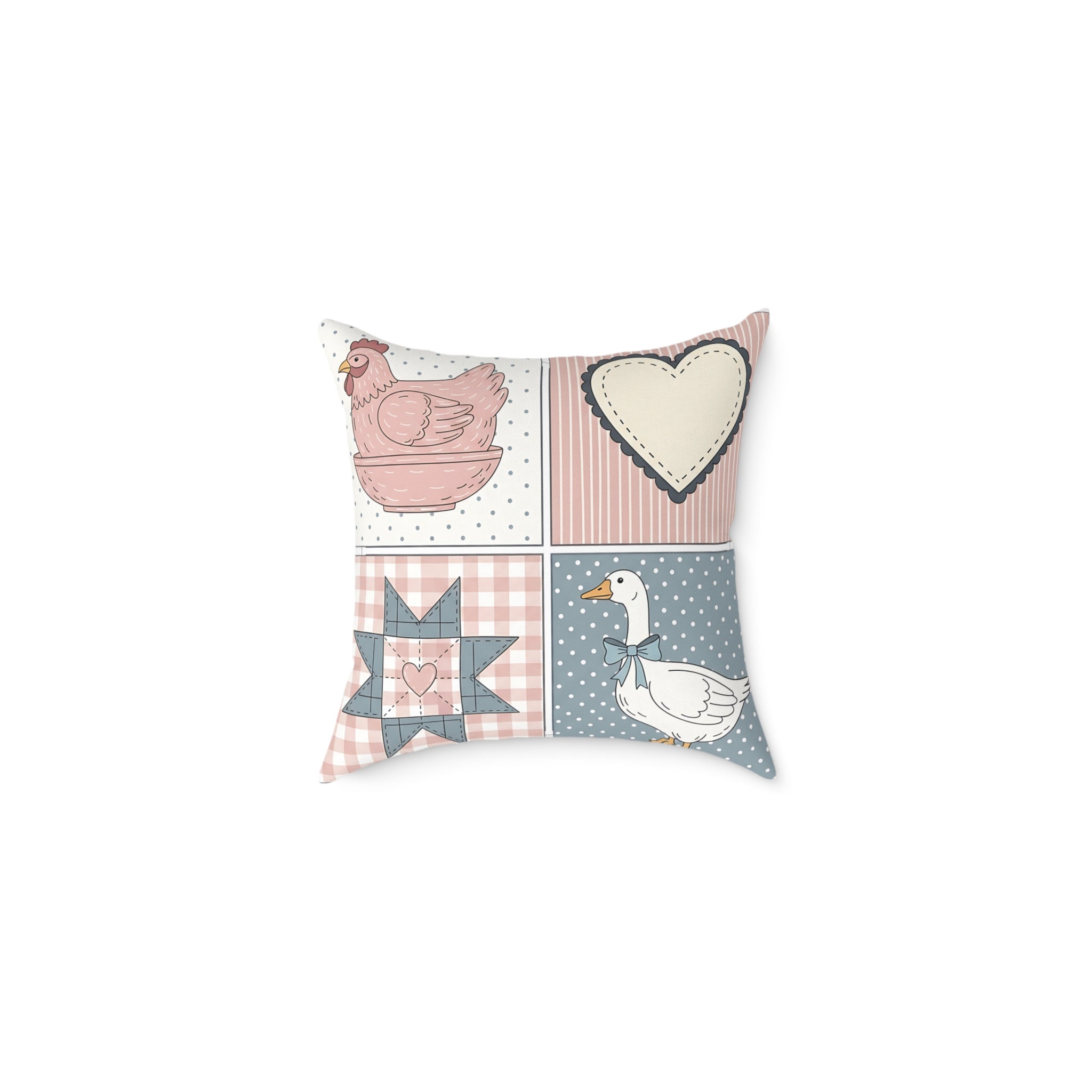 Cottagecore Farm Animal Patchwork Throw Pillow – Chicken & Goose Farmhouse Decor Cushion, Quilted Country Home Accent Pillow