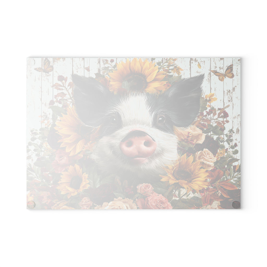 Sunflower Pig Glass Cutting Board – Rustic Farm Pig Kitchen Decor, Floral Farmhouse Cutting Board, Country Homestead Kitchen Gift