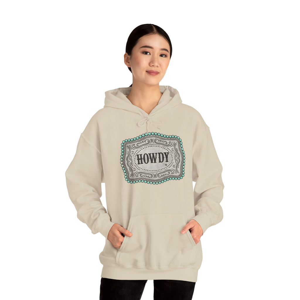 Howdy Turquoise Beaded Rodeo Belt Buckle Hoodie – Unisex Farmhouse Western Sweatshirt | Country Homestead Apparel
