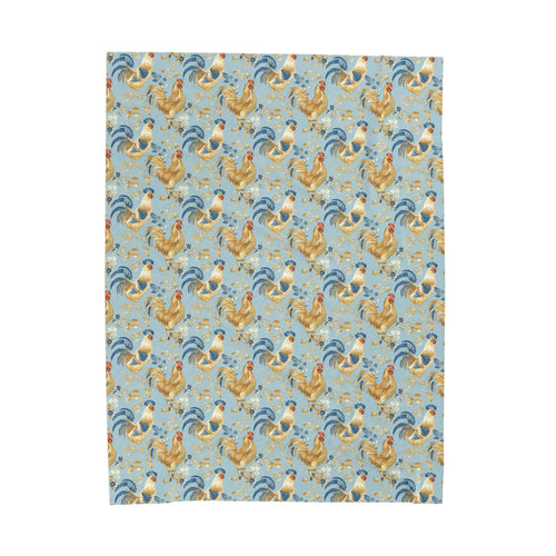 Blue Vintage Rooster Farmhouse Blanket – Chicken Pattern Throw, Country Cottagecore Farm Decor Plush Blanket, Cozy Rustic Poultry Throw