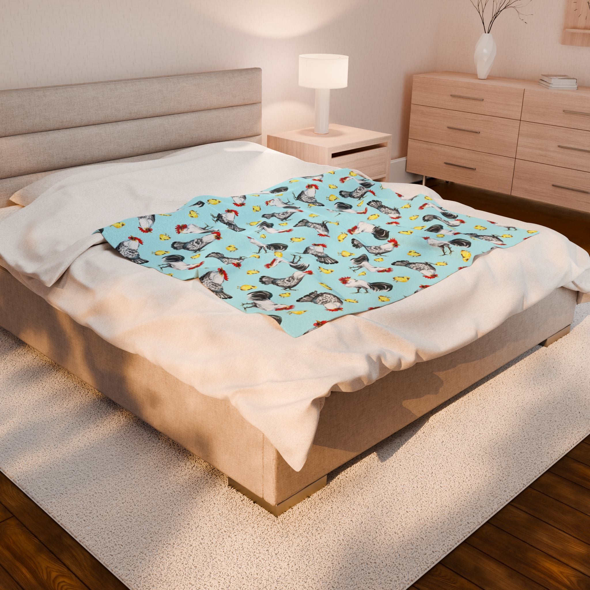 Chicken & Chicks Velveteen Plush Blanket – Farmhouse Rooster Throw, Cozy Country Cottagecore Home Decor