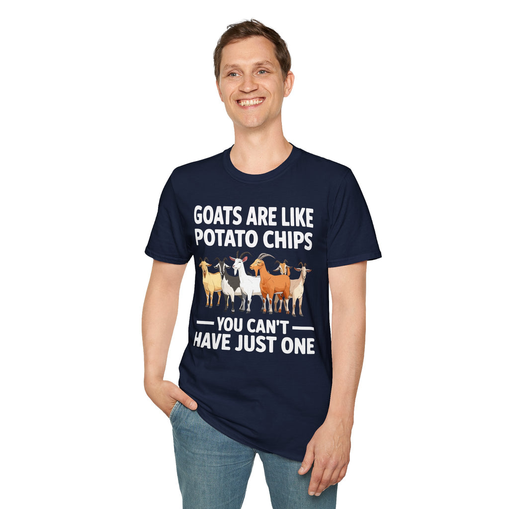 “Goats Are Like Potato Chips – You Can’t Have Just One” Funny Goat Lover Unisex T-Shirt | Farm Life Goat Tee
