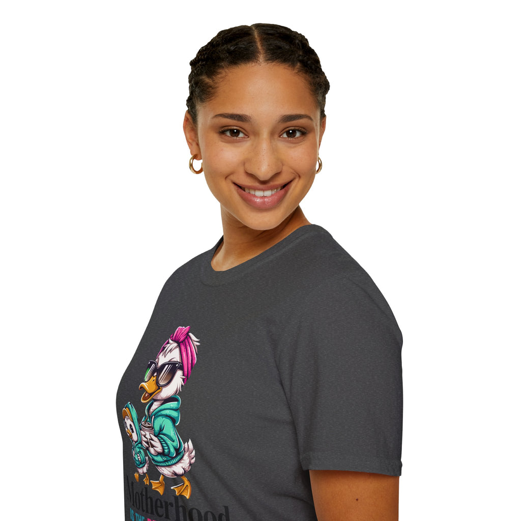 Motherhood Is the Realest Hood Cute Duck Mom Unisex T-Shirt | Funny Farm Mom Graphic Tee