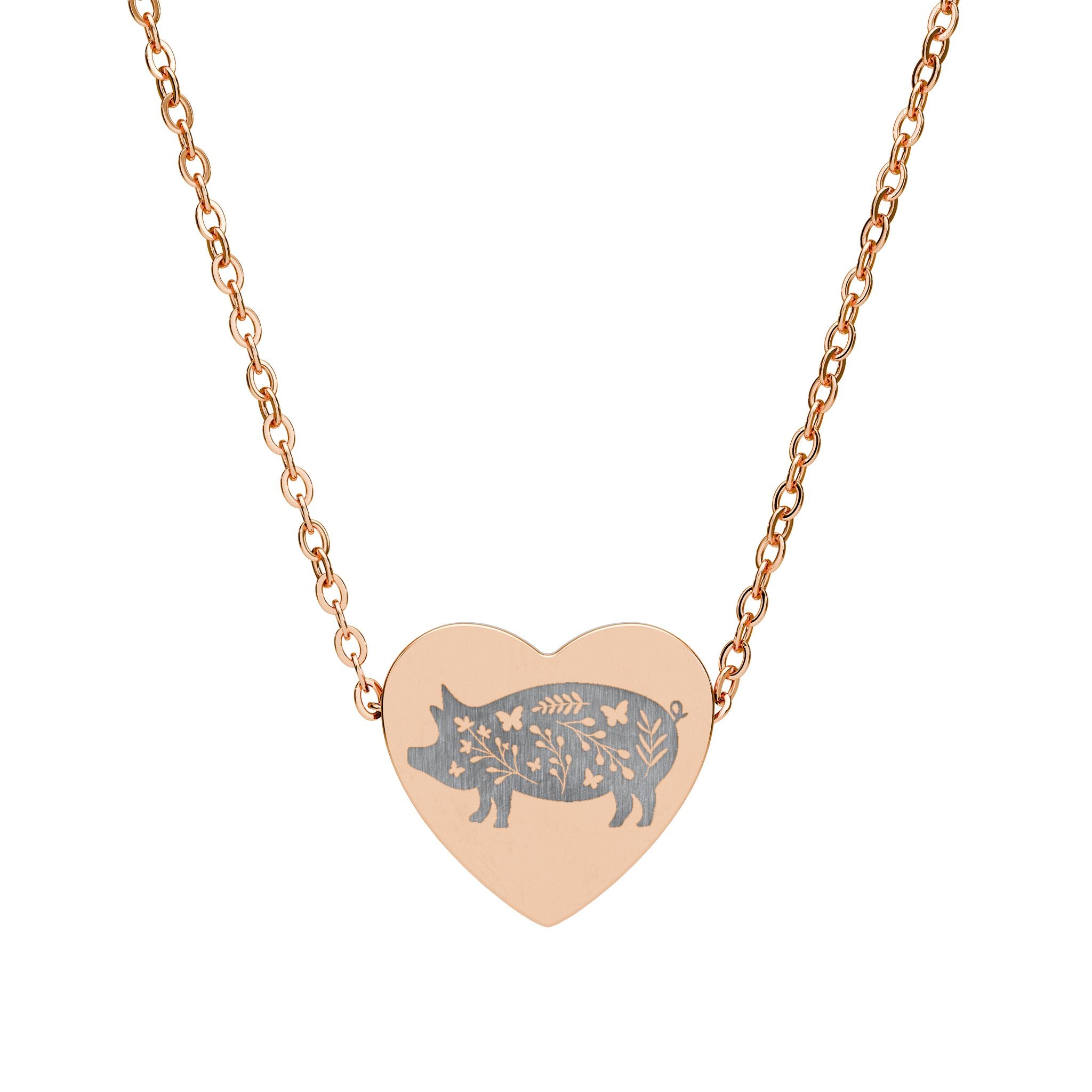 Floral Pig Heart Necklace – Farm Pig Jewelry, Pig Lover Gift, Homestead Necklace, Mini Pig Pendant, Farm Animal Jewelry, Stainless Steel Engraved Heart Necklace