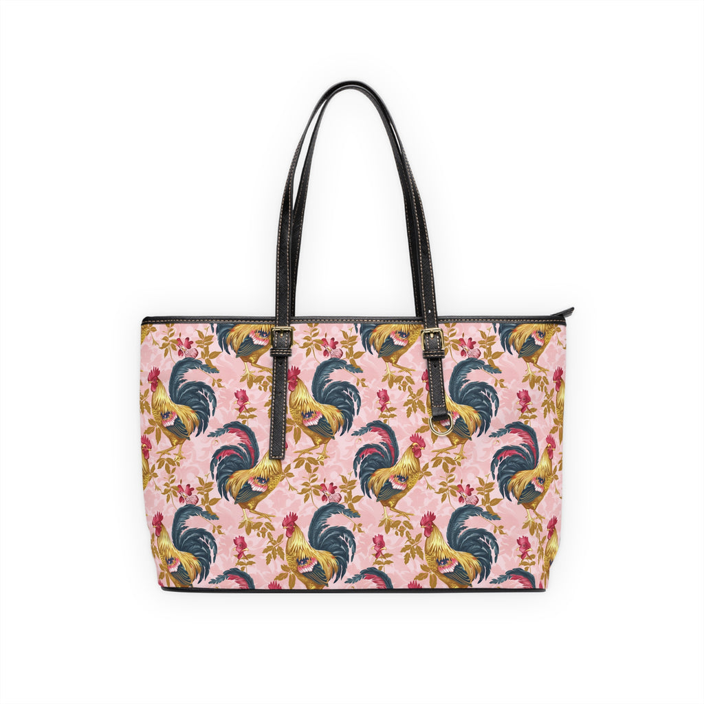 Pink Floral Rooster Chicken Print Leather Shoulder Bag – Farmhouse Chicken Tote, Cute Hen Pattern Purse, Farm Life Handbag, Backyard Chicken Lover Bag