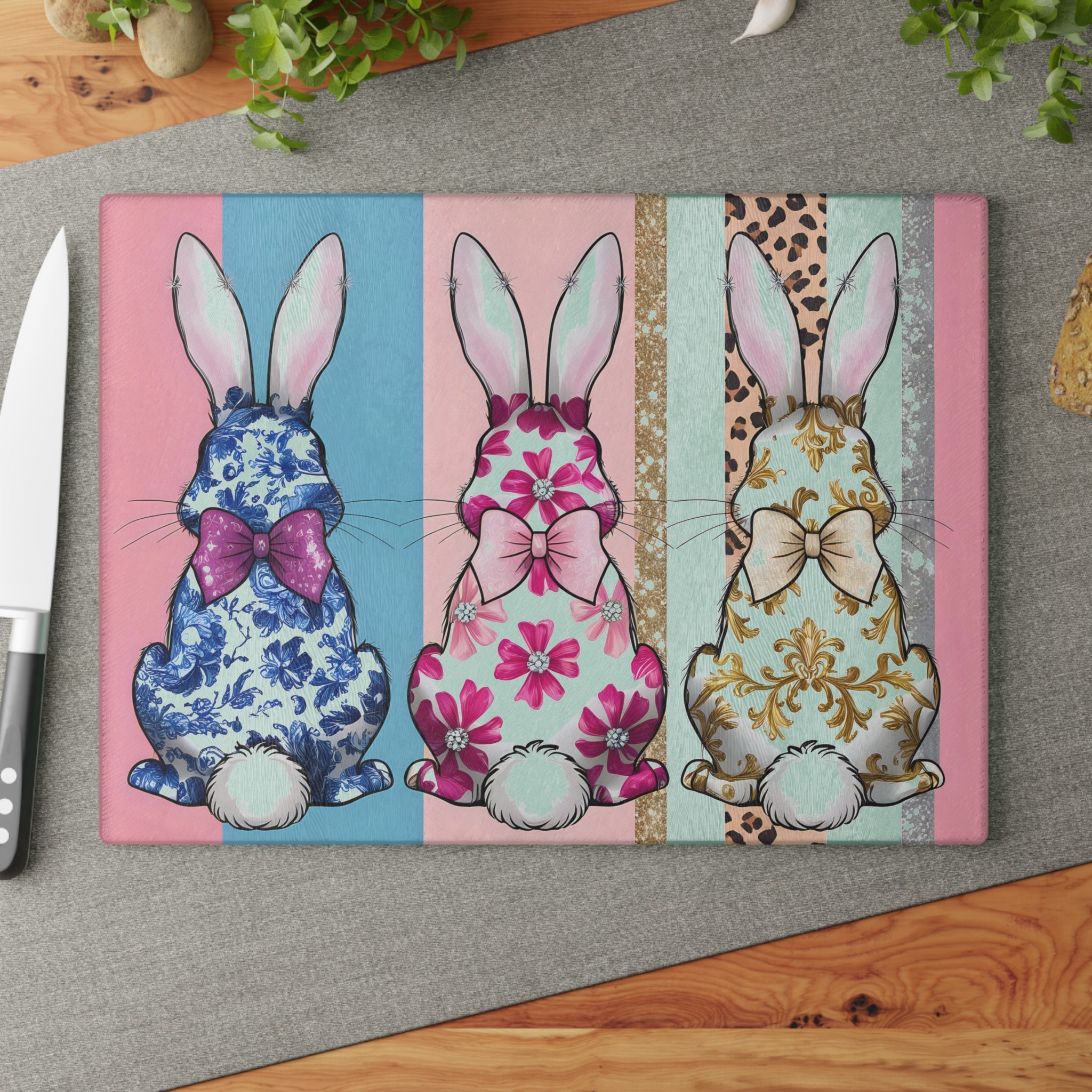 Pink Bunny Glass Cutting Board | Whimsical Rabbit Kitchen Decor | Cottagecore Easter Tempered Glass Cutting Board | Gumpert Homestead