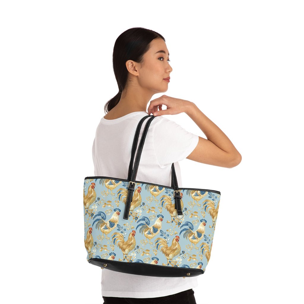 Light Blue Chicken Print Leather Shoulder Bag – Farmhouse Chicken Tote, Cute Hen Pattern Purse, Farm Life Handbag, Backyard Chicken Lover Bag