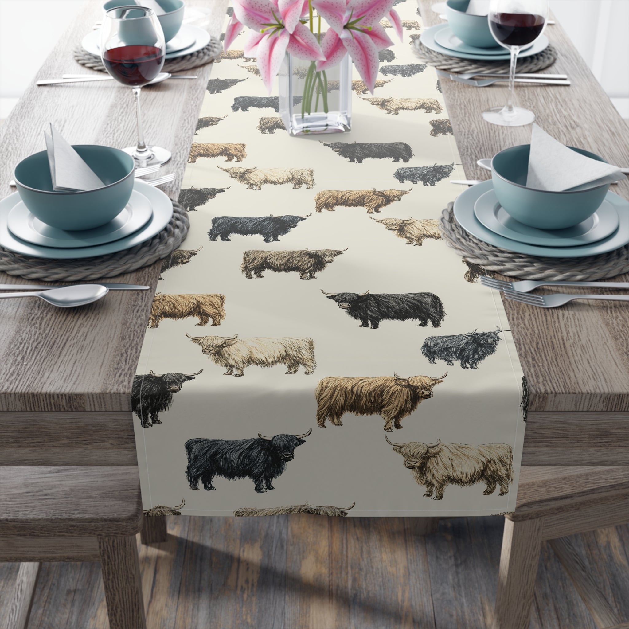 Highland Cow Farmhouse Table Runner | Rustic Farm Cattle Kitchen Decor | Country Cottagecore Dining Table Linen | Homestead Cow Table Decor