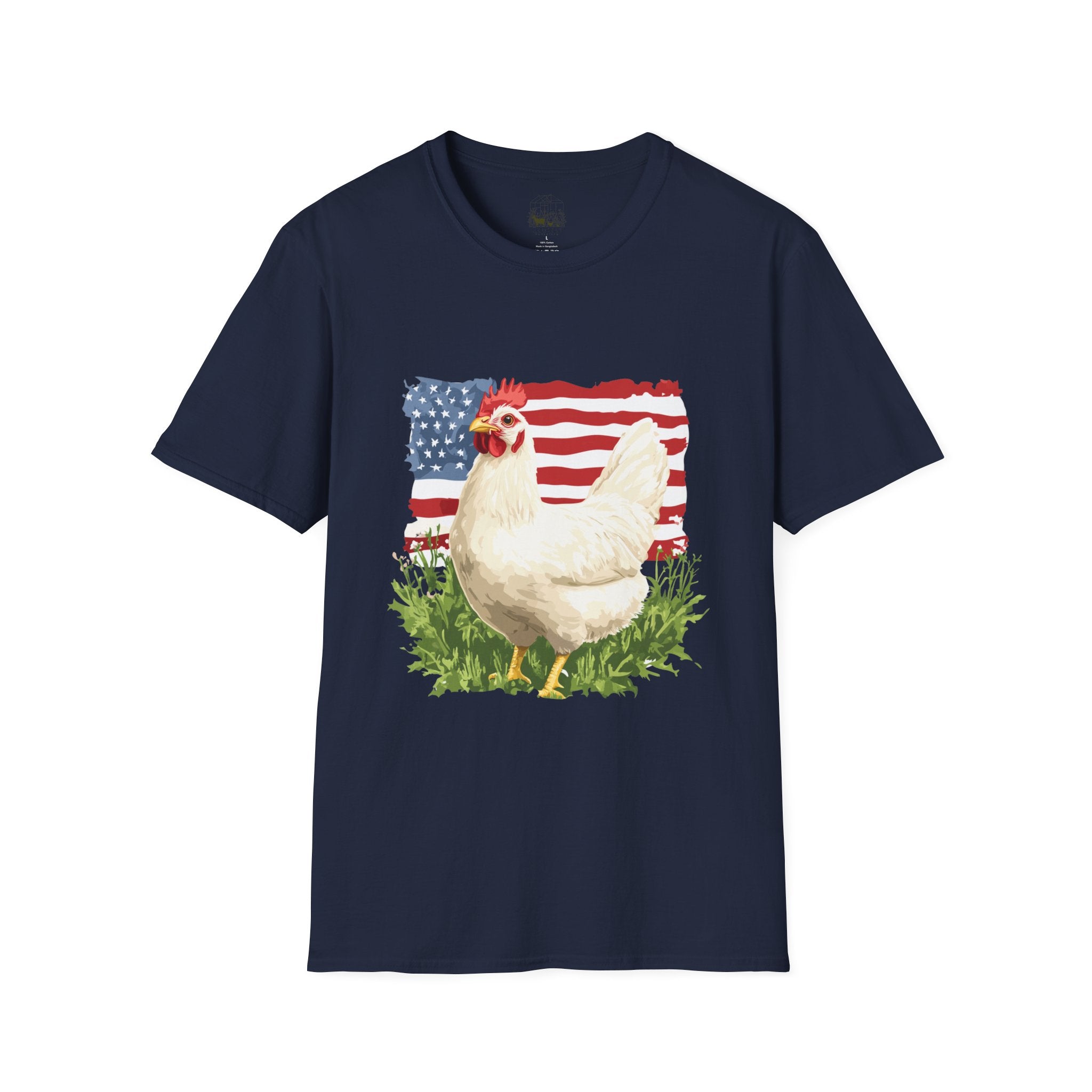 Patriotic Chicken T-Shirt – American Flag Hen Shirt, Farm Life Tee, 4th of July Chicken Shirt, Backyard Chicken Keeper Gift, Homestead Farm Apparel