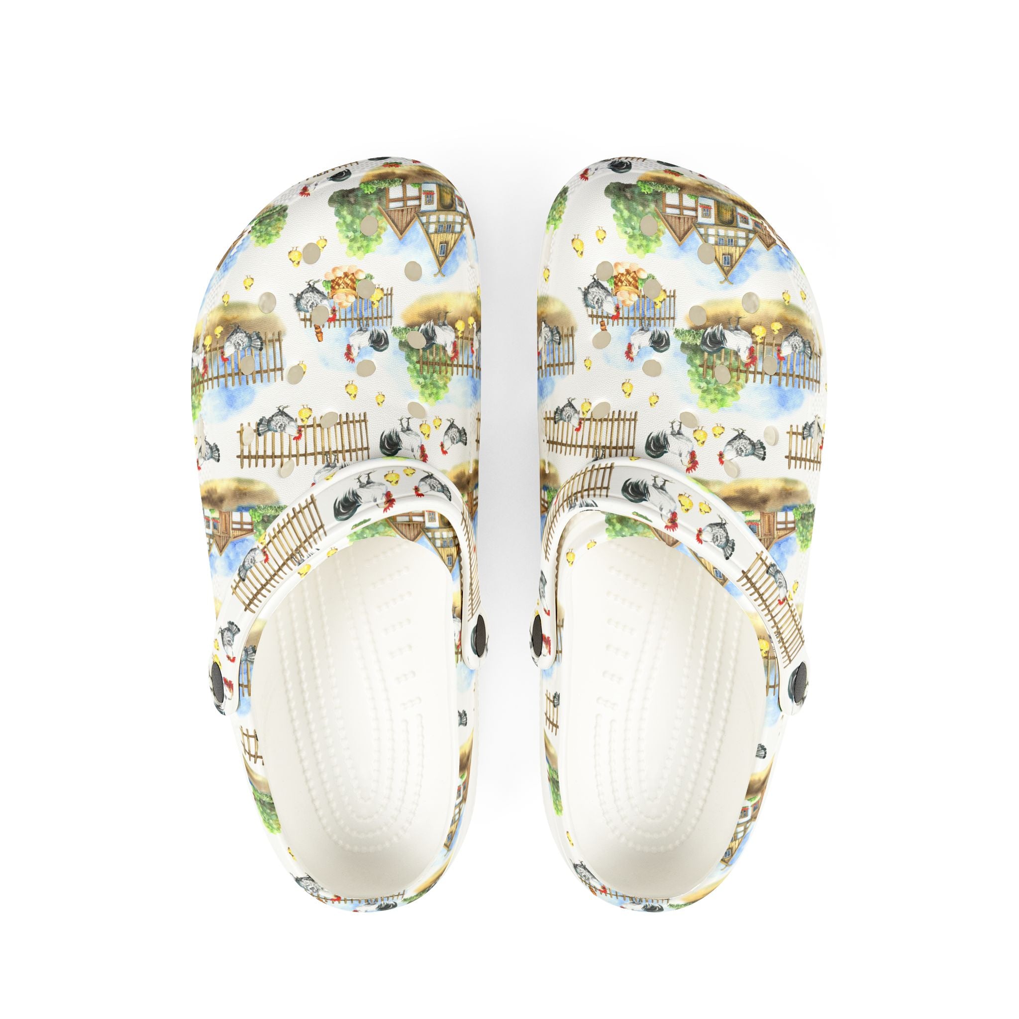 Chicken Farm Family Print EVA Clogs – Farm Life Chicken Shoes, Backyard Chicken Slip-On, Homestead Comfort Clogs