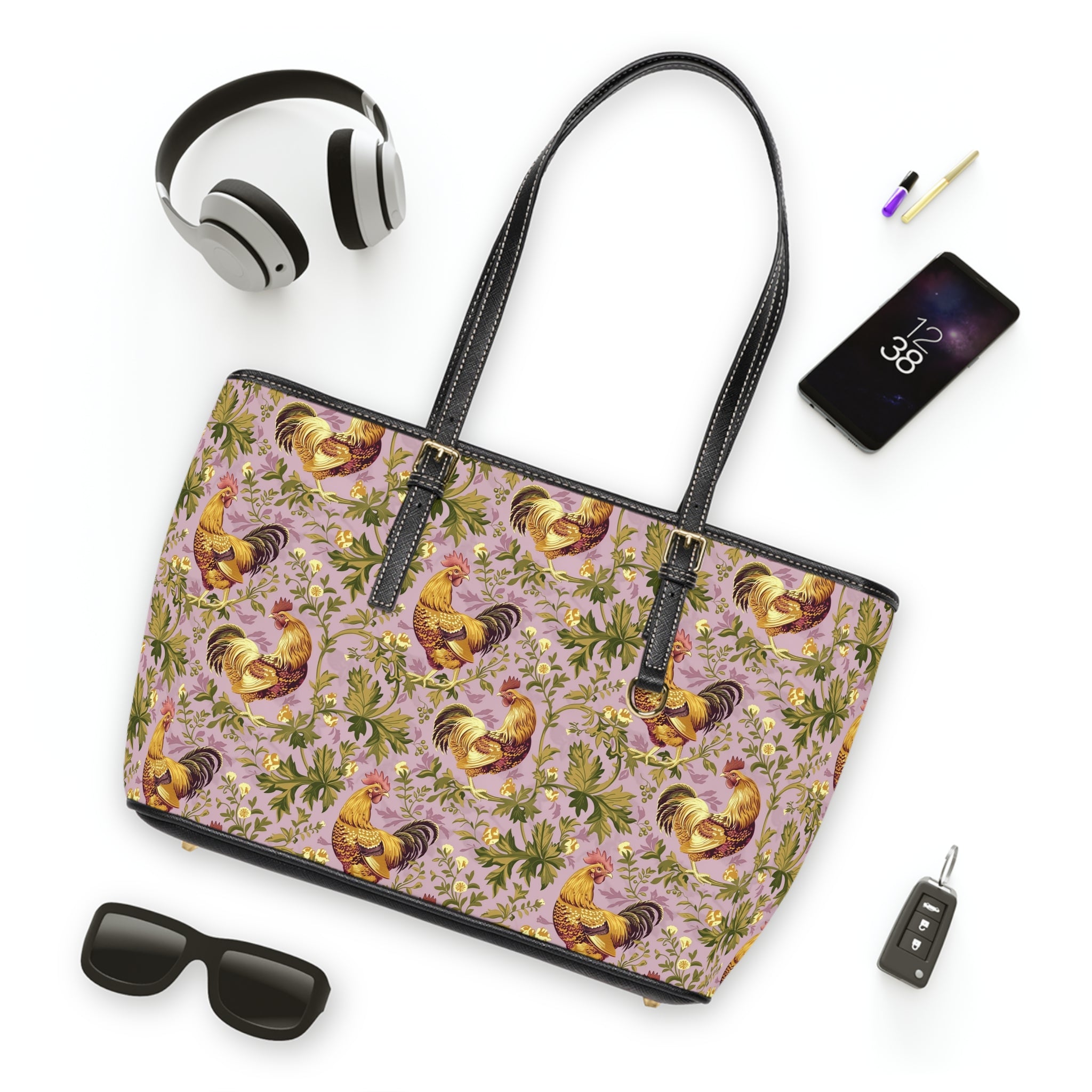 Lavender Botanical Chicken Print Leather Shoulder Bag – Farmhouse Chicken Tote, Cute Hen Pattern Purse, Farm Life Handbag, Backyard Chicken Lover Bag