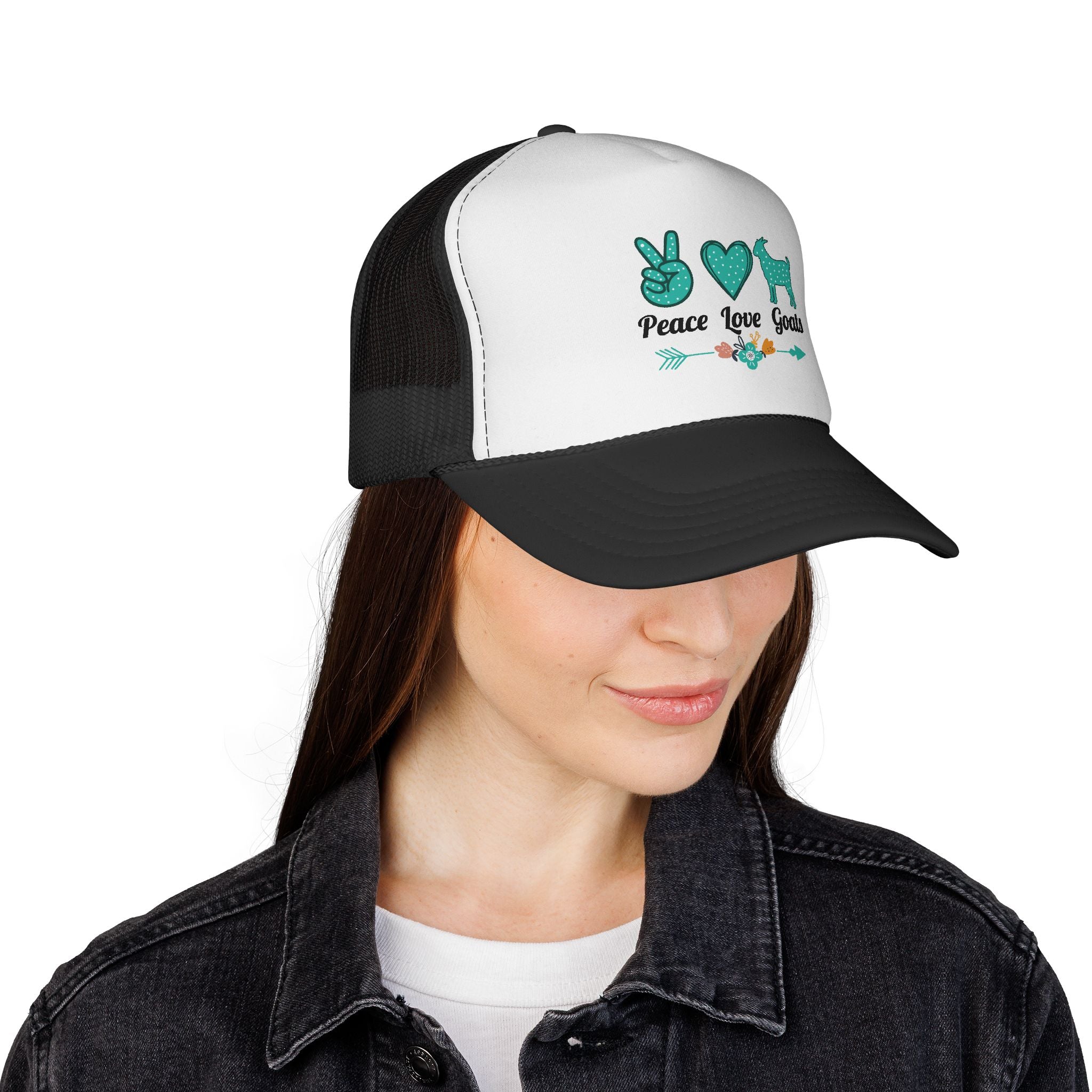Peace Love Goats Trucker Hat – Goat Mom Hat, Farm Life Snapback, Homestead Goat Lover Cap