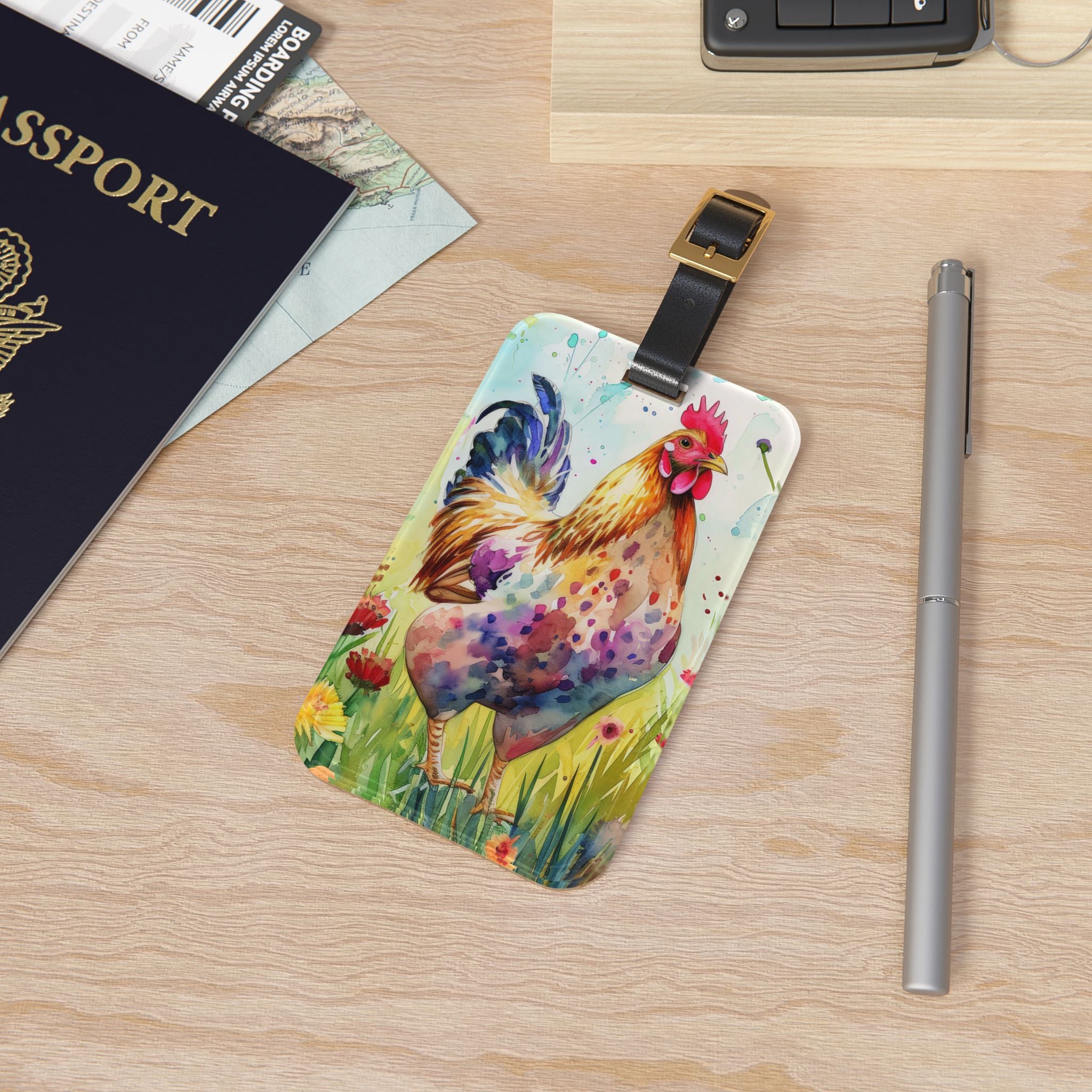 Watercolor Chicken Luggage Tag | Farmhouse Rooster Travel Accessory | Chicken Lover Suitcase Tag | Rustic Poultry Bag Identifier | Gumpert Homestead