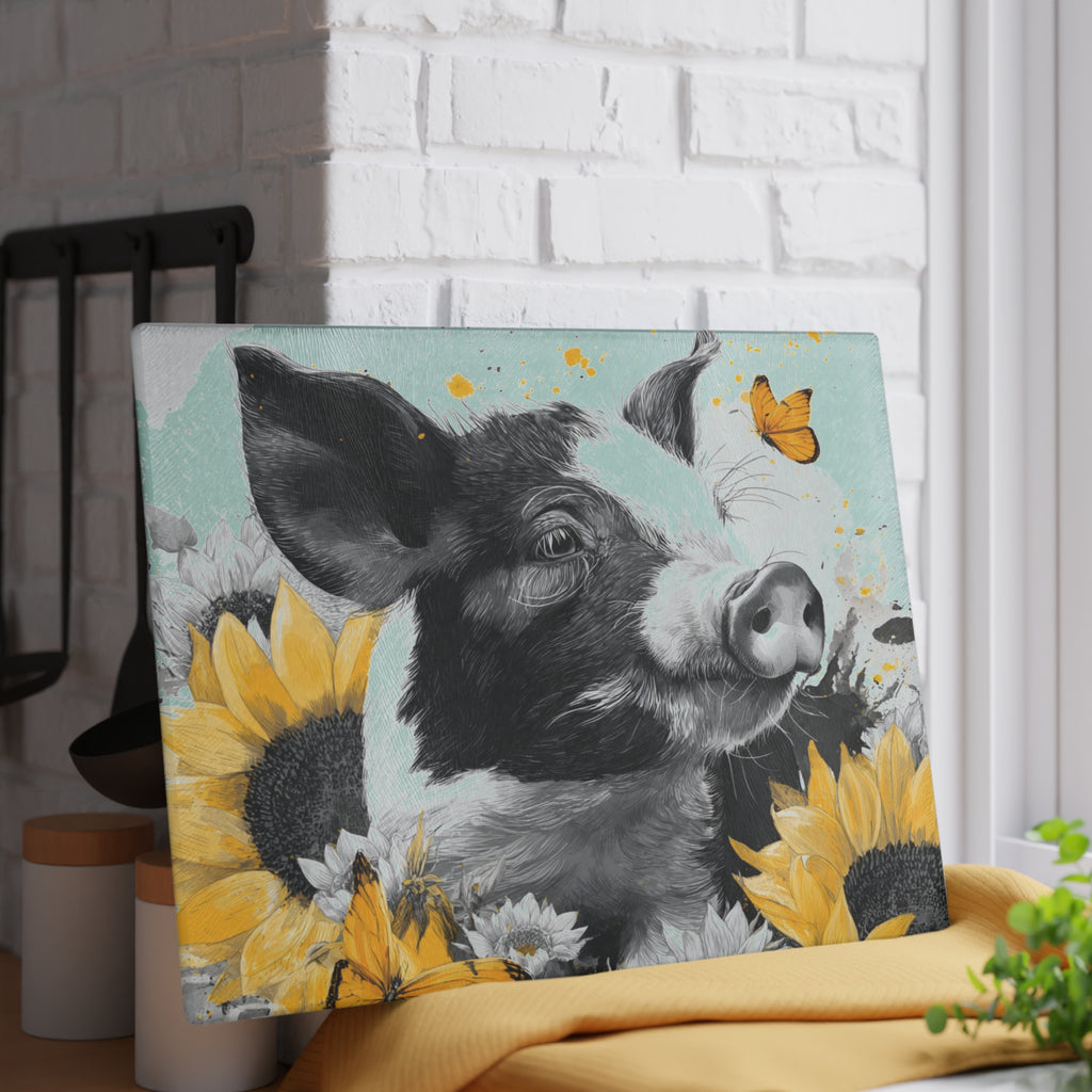 Sunflower Pig Glass Cutting Board – Rustic Farm Pig Kitchen Decor, Floral Farmhouse Cutting Board, Country Homestead Kitchen Gift