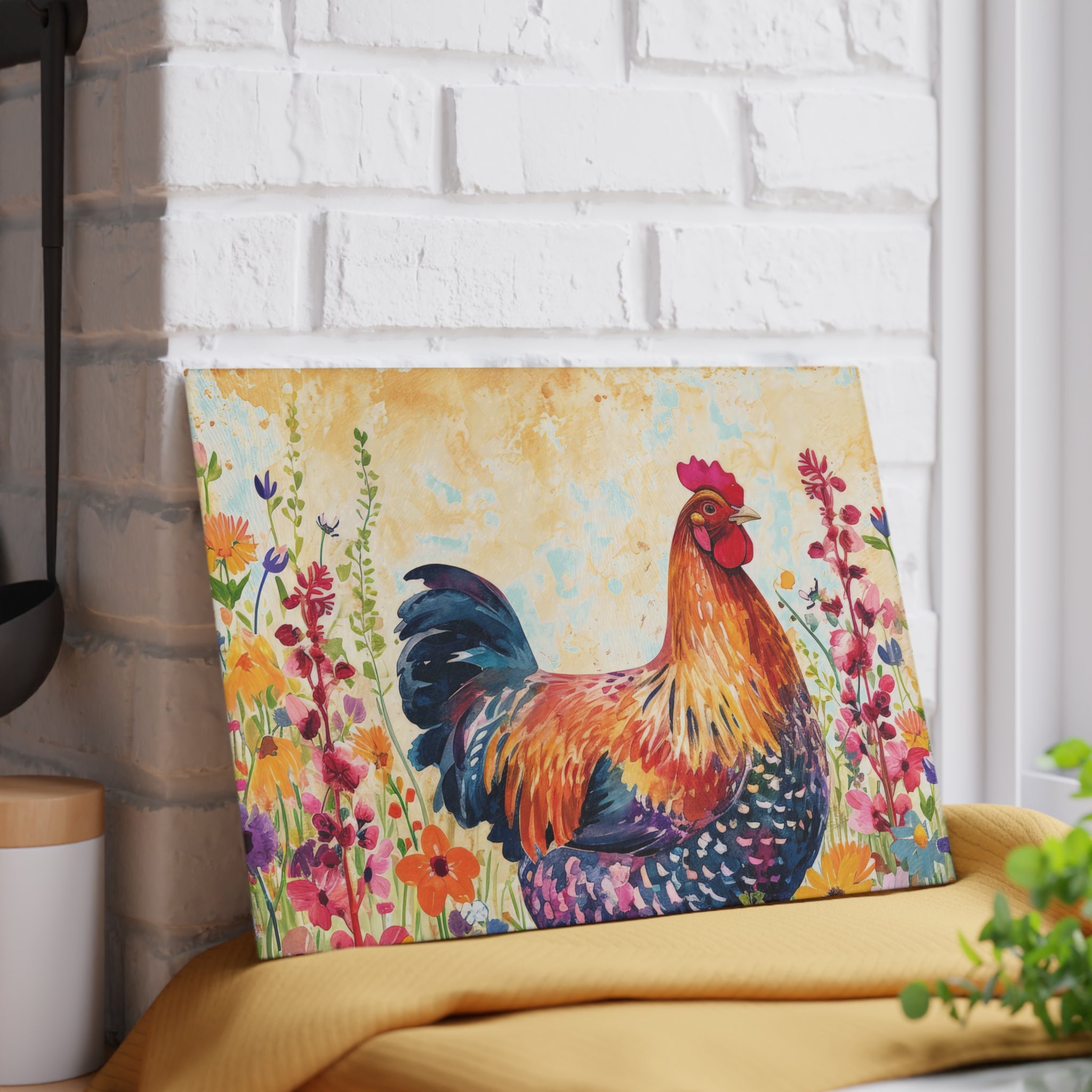 Vintage0 Floral Chicken Glass Cutting Board – Farmhouse Kitchen Decor, Colorful Chicken Counter Protector, Homestead Gift