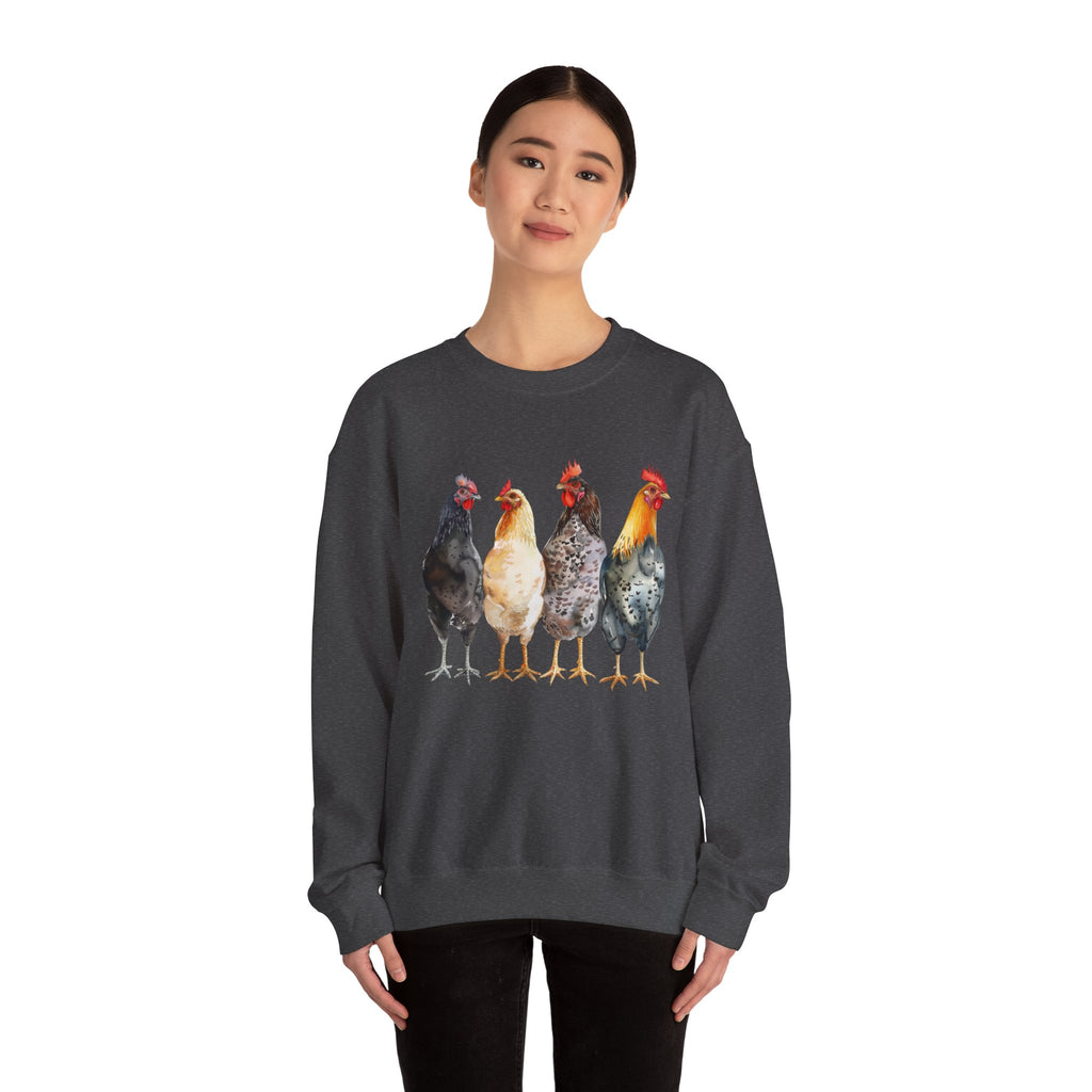 Chicken Flock Sweatshirt – Farmhouse Hen Lineup Crewneck, Cozy Homestead Chicken Mom Pullover, Unisex Gildan 18000