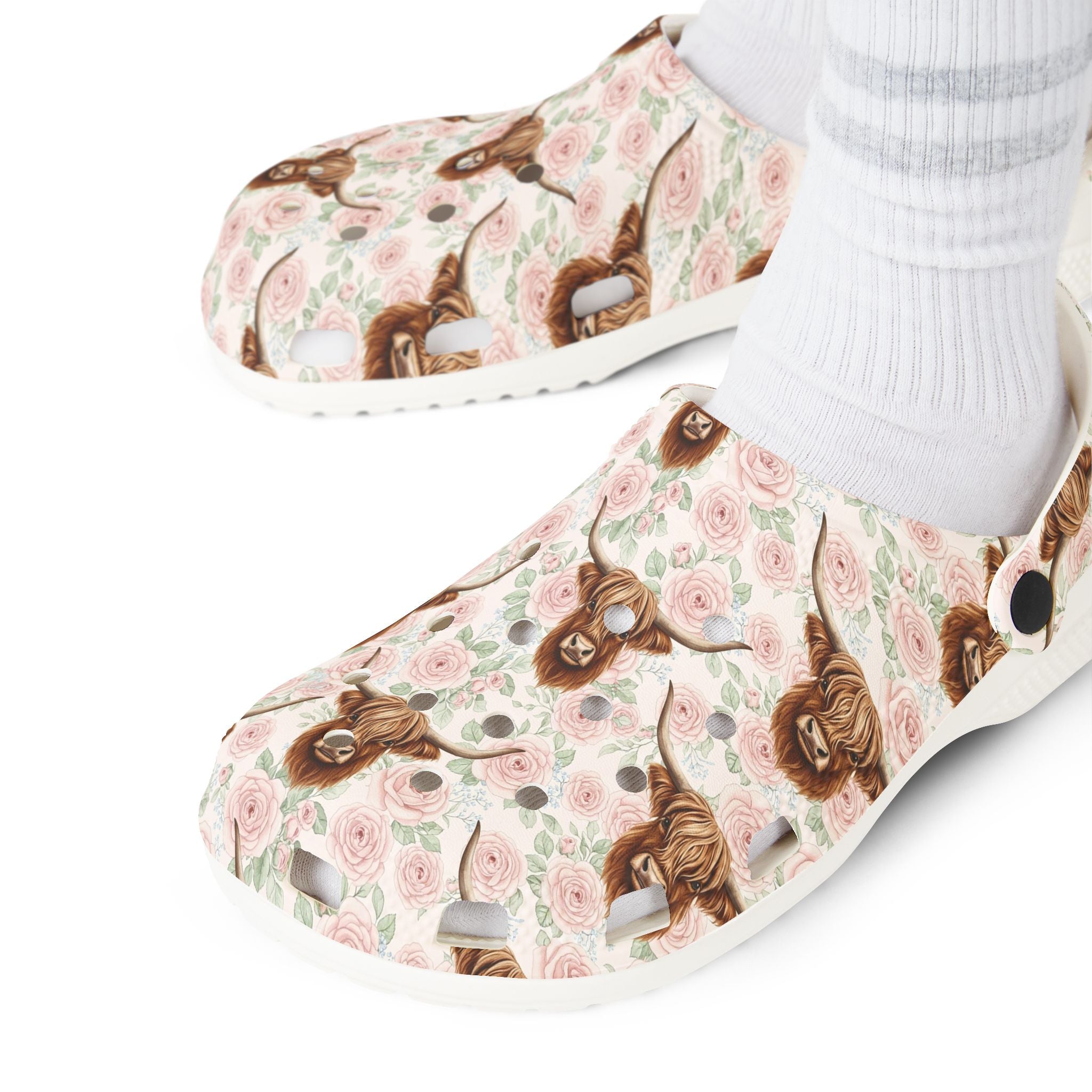 Blush Roses Highland Cow Clogs – Cottagecore Floral Farm Slip-On Shoes