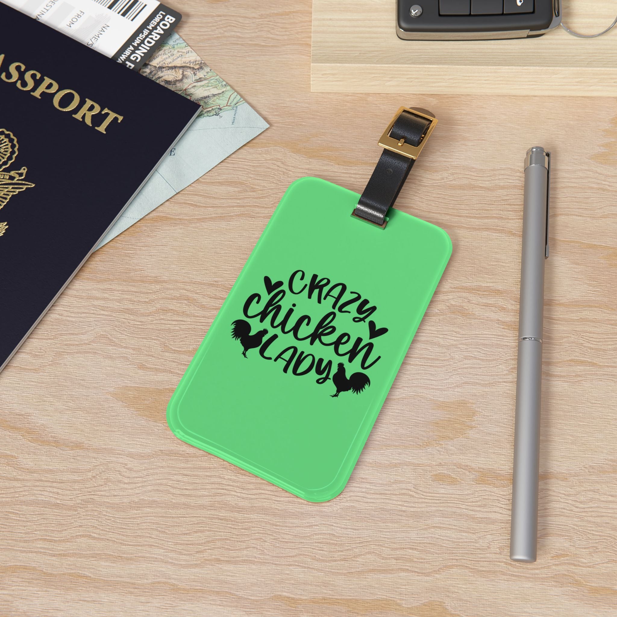 Green Crazy Chicken Lady Luggage Tag | Funny Chicken Travel Tag | Farm Girl Suitcase Identifier | Chicken Lover Travel Accessory | Gumpert Homestead