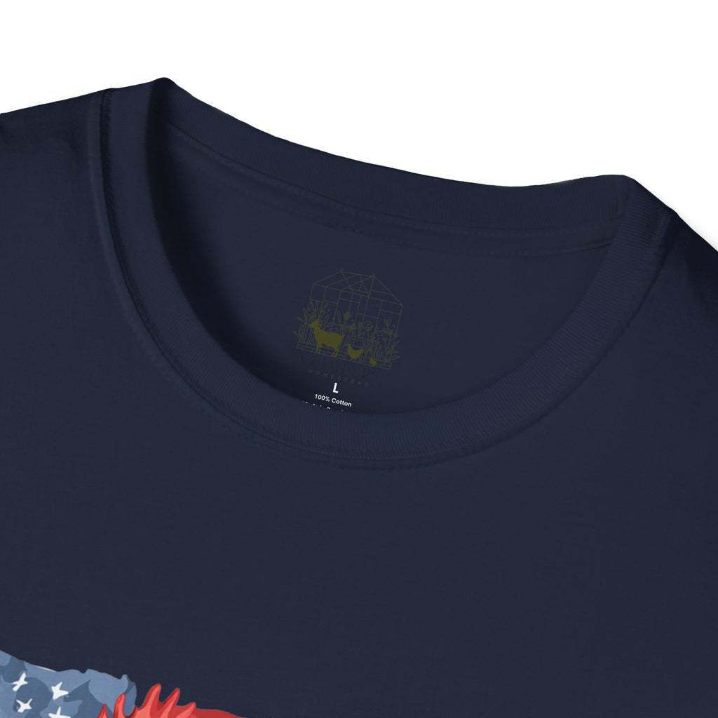 Patriotic Chicken T-Shirt – American Flag Hen Shirt, Farm Life Tee, 4th of July Chicken Shirt, Backyard Chicken Keeper Gift, Homestead Farm Apparel