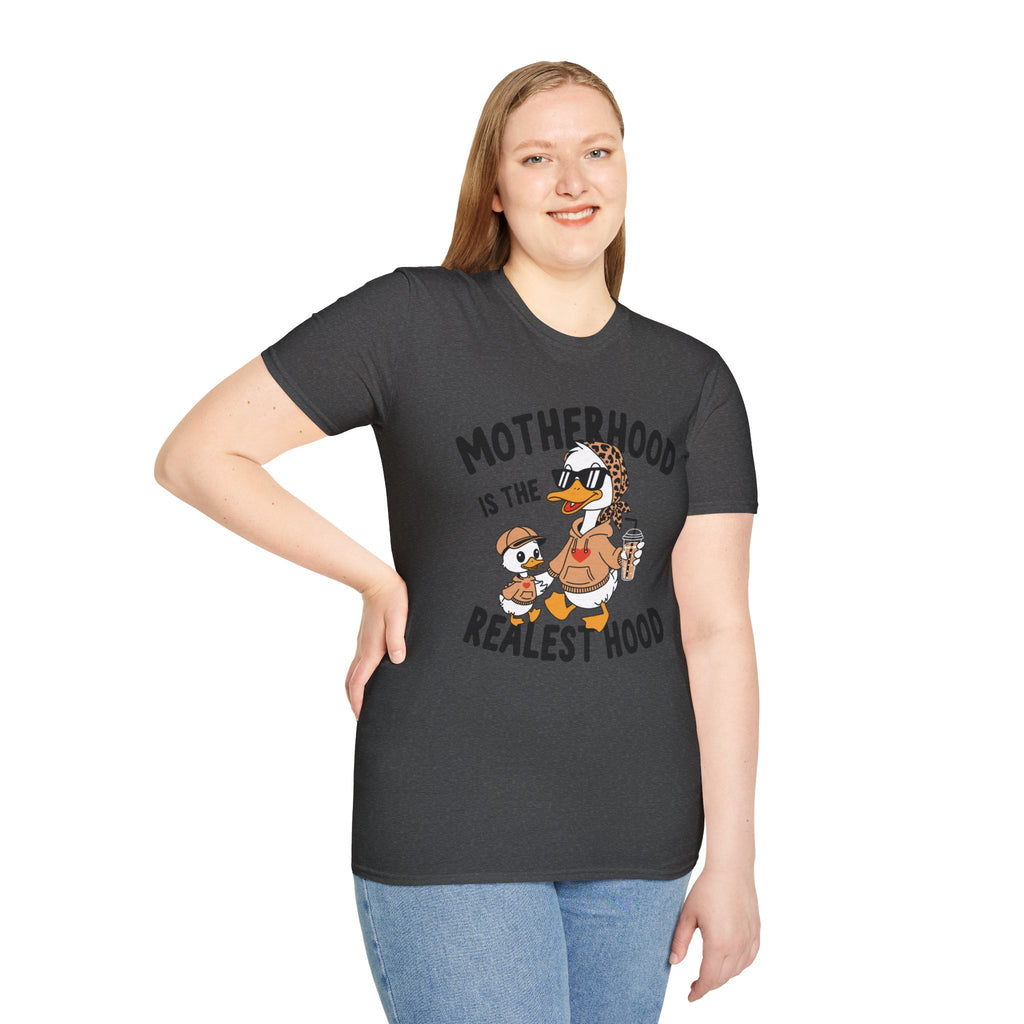 Motherhood Is the Realest Hood Funny Duck Mom Unisex T-Shirt | Farm Mom Graphic Tee