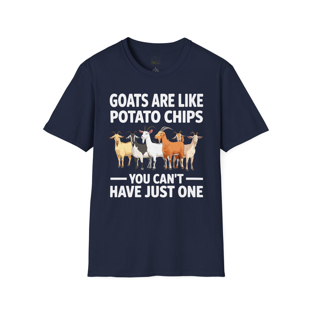 “Goats Are Like Potato Chips – You Can’t Have Just One” Funny Goat Lover Unisex T-Shirt | Farm Life Goat Tee