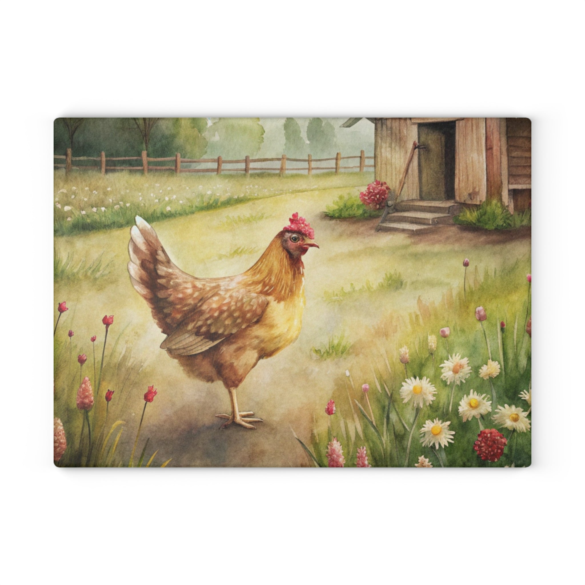 Farmhouse Chicken Glass Cutting Board | Rustic Hen Kitchen Decor | Watercolor Chicken Tempered Glass Cutting Board | Gumpert Homestead