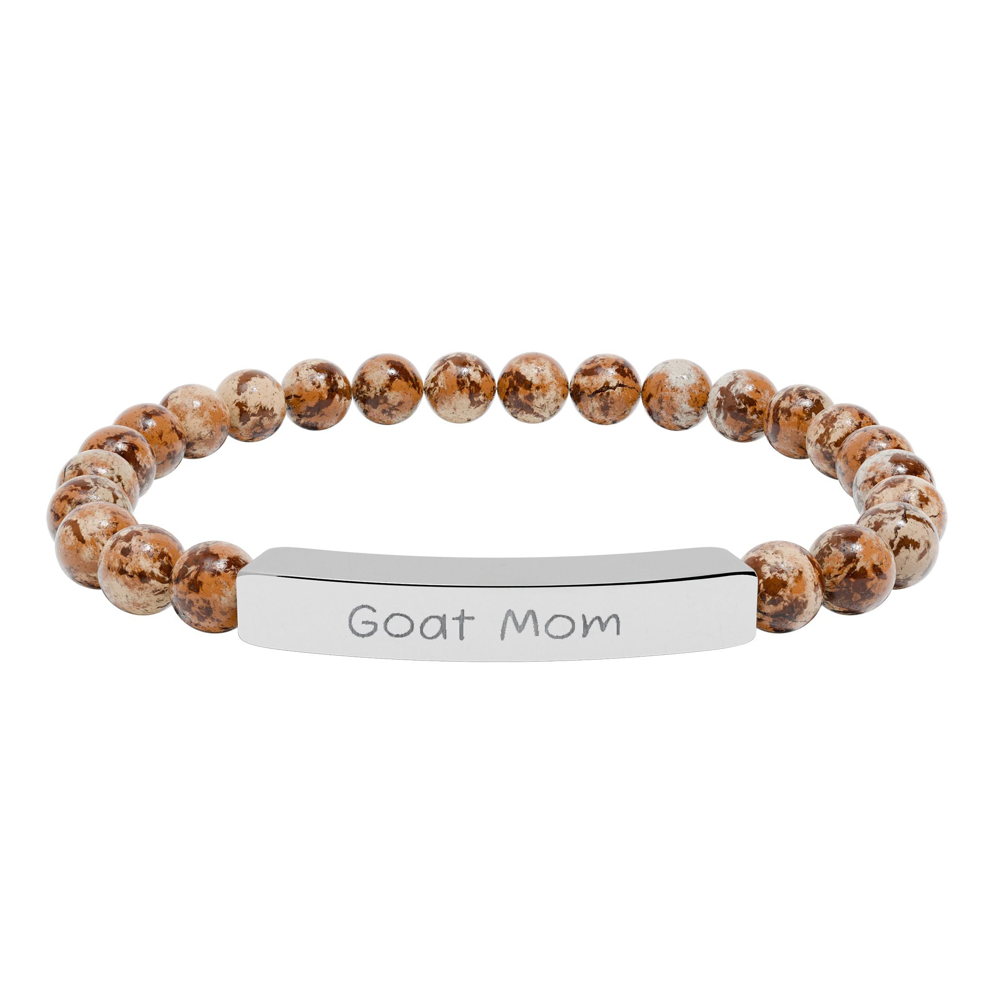 Goat Mom Natural Stone Stretch Bracelet – Engraved Goat Lover Jewelry, Farm Mom Gift, Rustic Homestead Bracelet