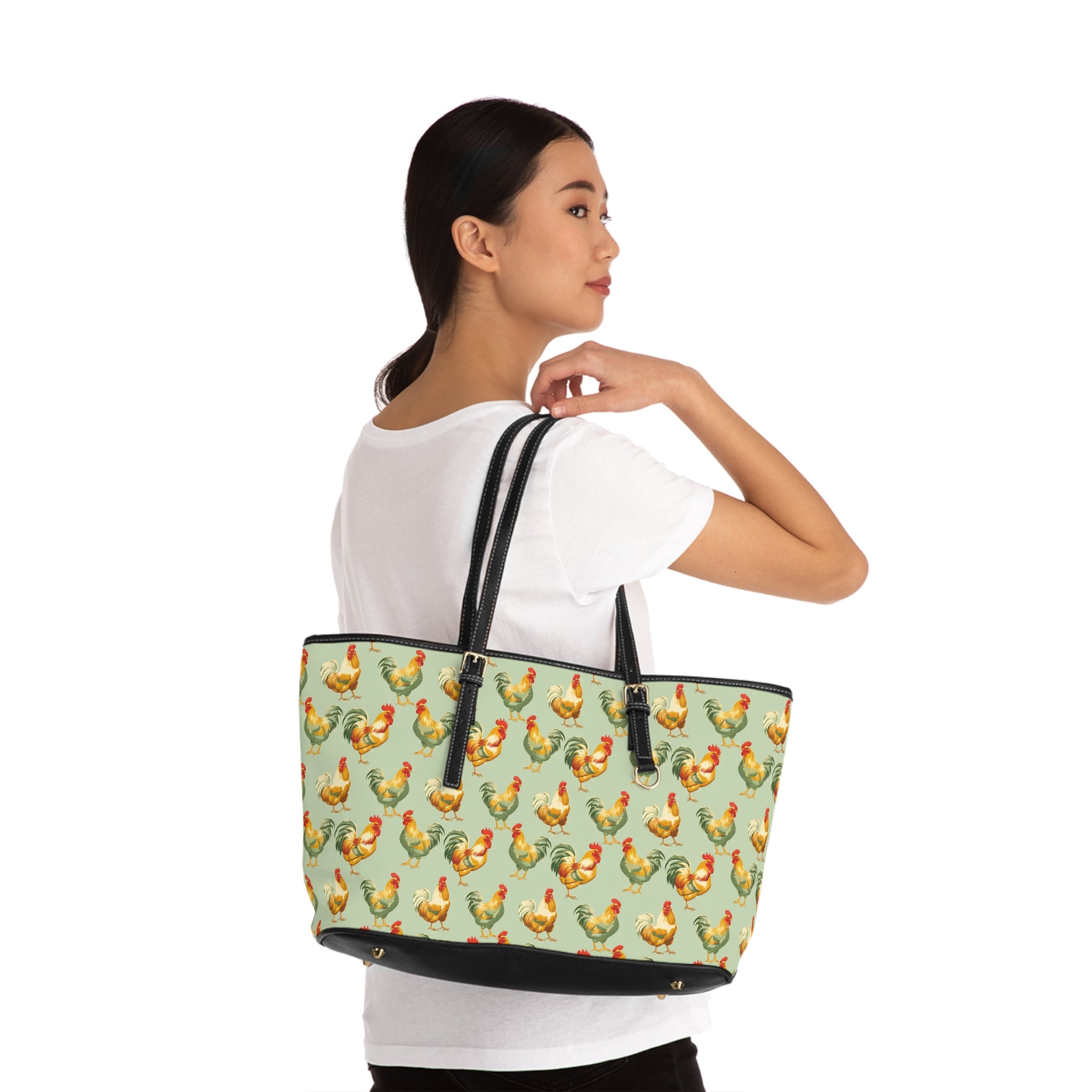 Sage Chicken Print PU Leather Shoulder Bag – Farmhouse Chicken Tote, Cute Hen Pattern Purse, Farm Life Handbag, Backyard Chicken Lover Bag