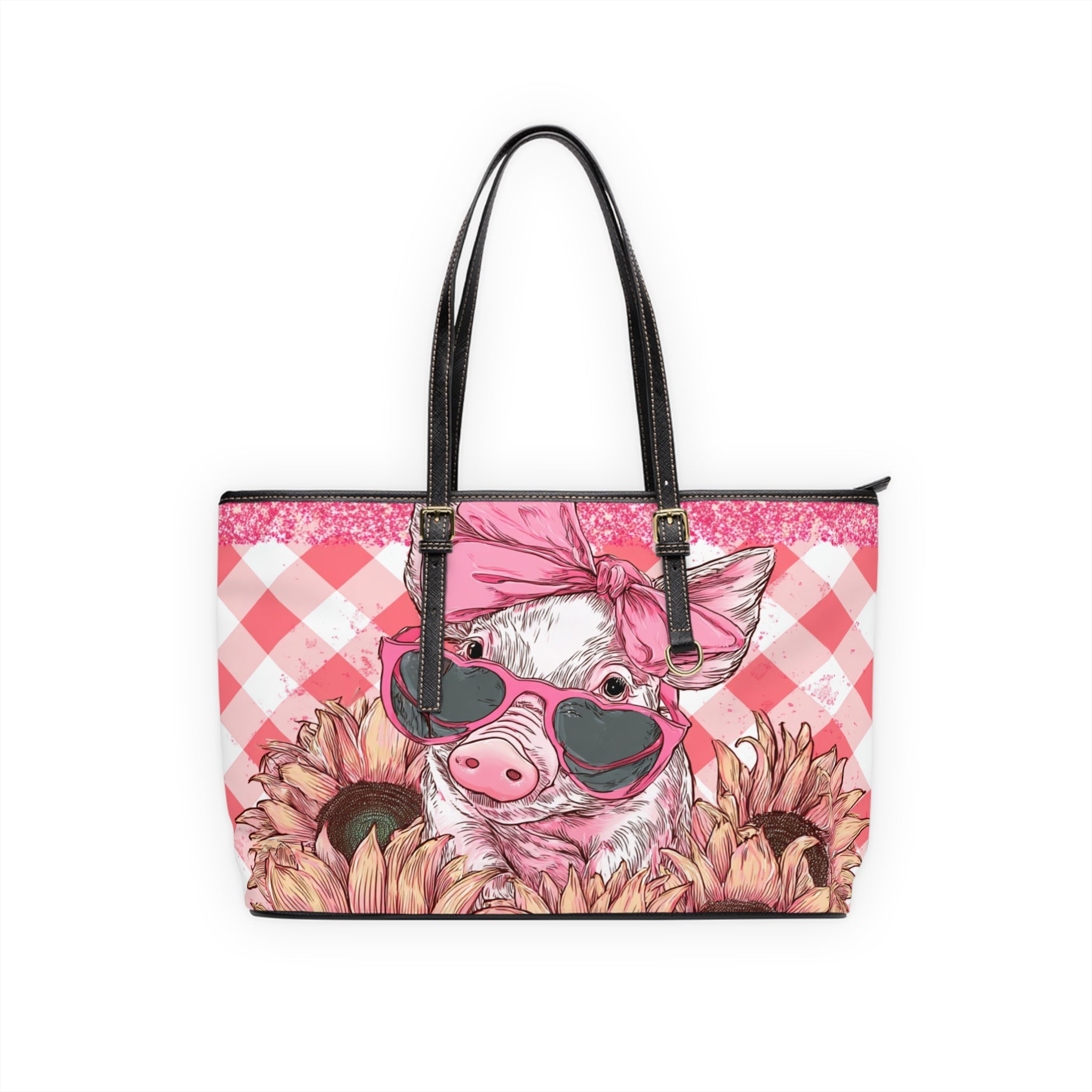 Funny Pig Shoulder Bag | Farmhouse Sunflower Tote Purse | Cute Pig Handbag | Cottagecore Farm Animal Bag | Homestead Market Tote PU Leather