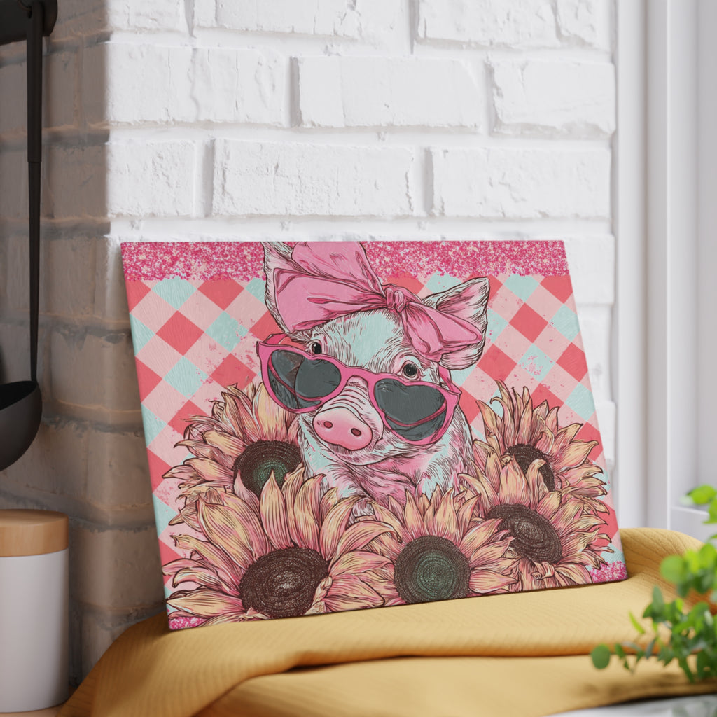 Pink Floral Pig Glass Cutting Board – Cute Farm Pig Kitchen Decor, Sunflower Pig Cutting Board, Farmhouse Country Kitchen Gift