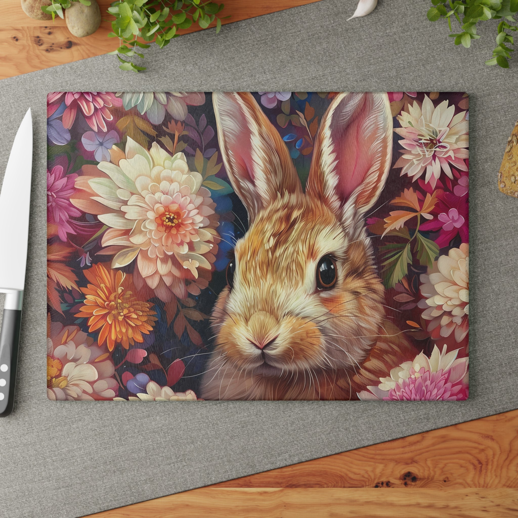 Floral Bunny Glass Cutting Board | Cottagecore Rabbit Kitchen Decor | Wildflower Bunny Tempered Glass Cutting Board | Gumpert Homestead