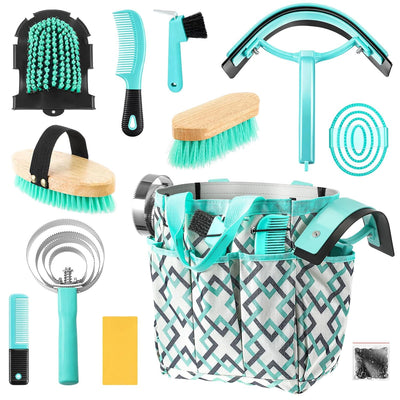 12 Pieces Horse Grooming Kit with Organizer Tote Bag Tack Room Supplies Horse Brush Sets Equine Care Cleaning Kit Shedding Grooming Massaging Tools