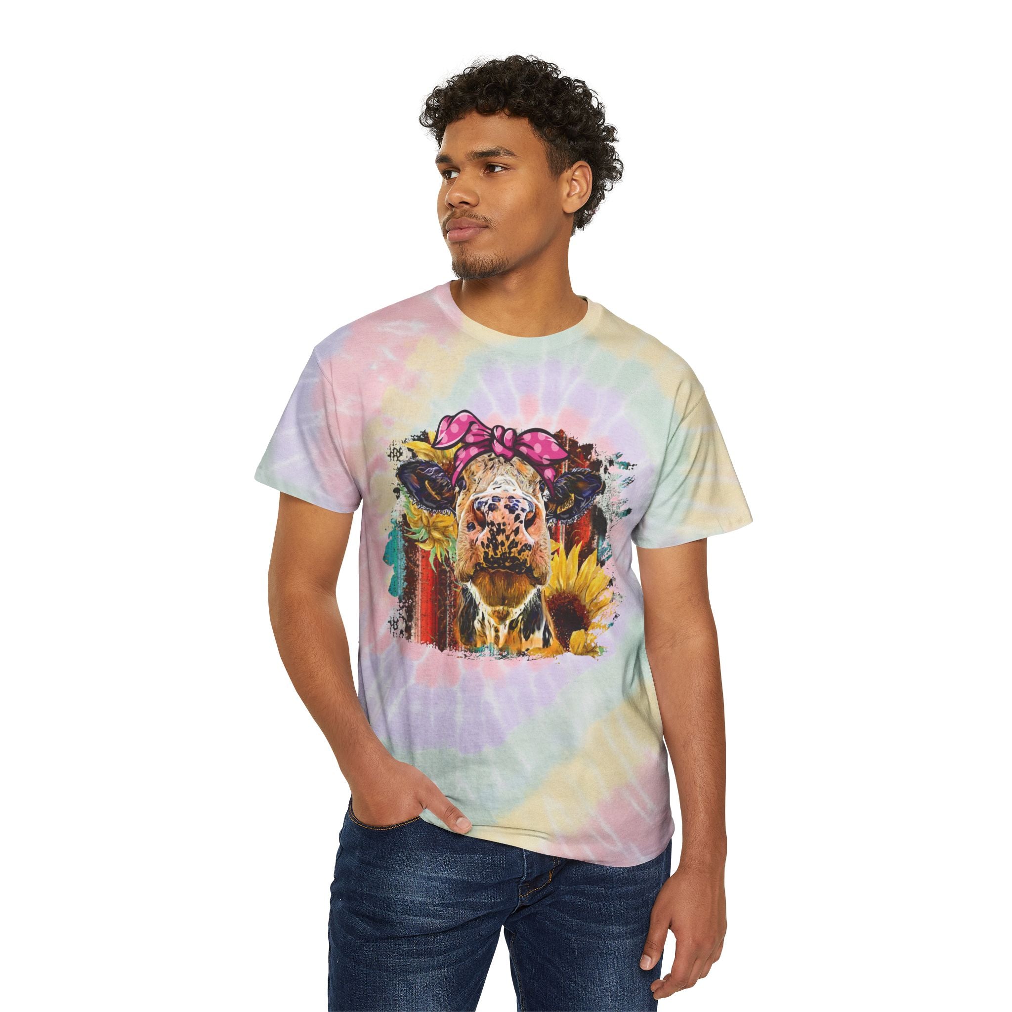 Floral Highland Cow Tie-Dye T-Shirt – Boho Farm Cow Tee, Sunflower Cowgirl Shirt, Cottagecore Farm Life Apparel