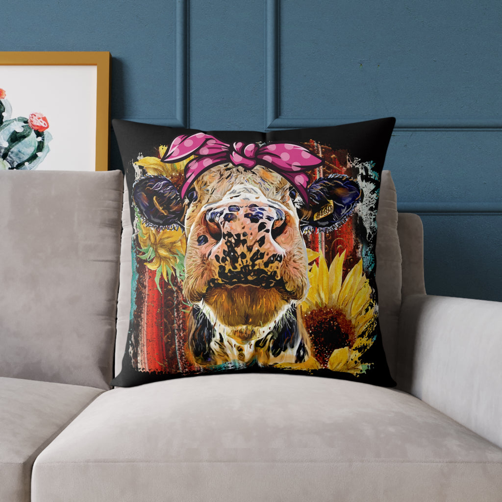 Funny Cow Throw Pillow | Farmhouse Cow Accent Pillow | Sunflower Highland Cow Decor Cushion | Rustic Country Home Decor | Gumpert Homestead