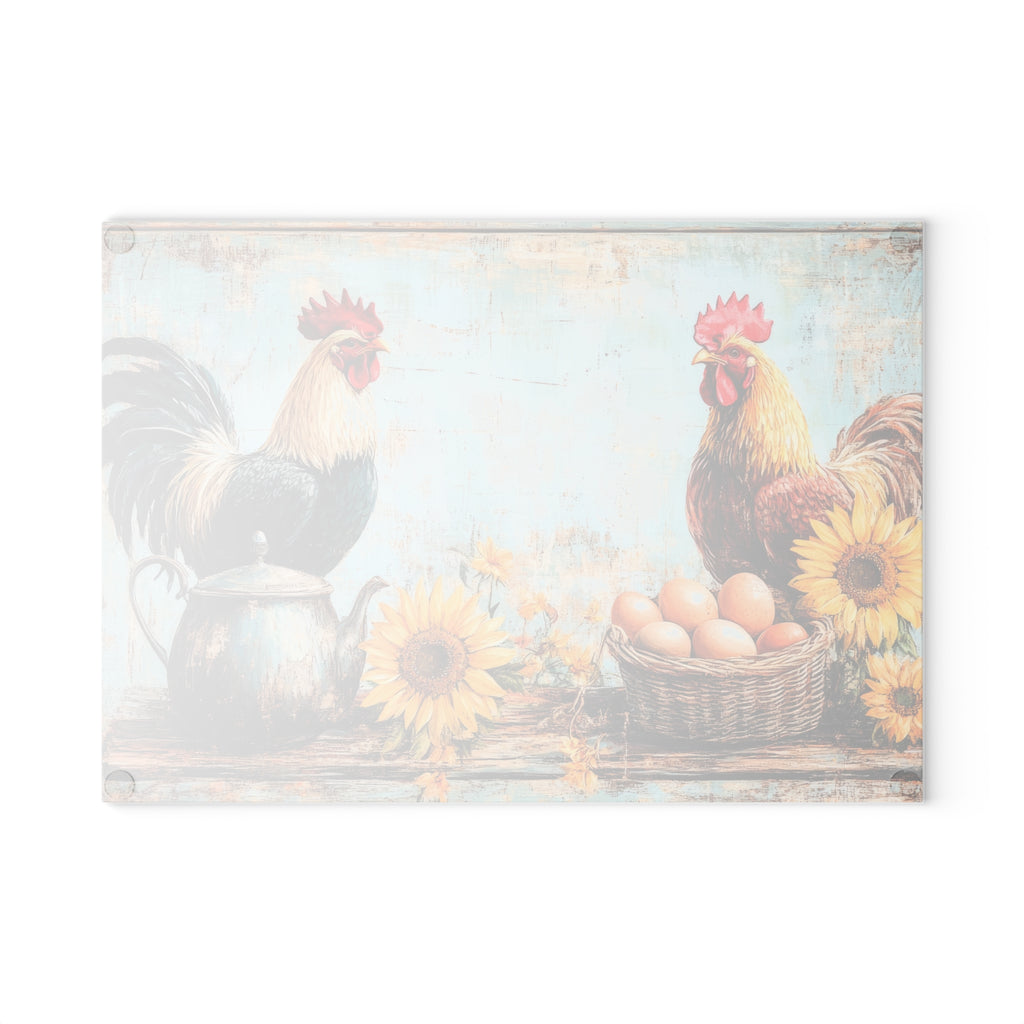 Rustic Rooster Glass Cutting Board | Farmhouse Chicken Kitchen Decor | Sunflower Rooster Tempered Glass Cutting Board | Gumpert Homestead