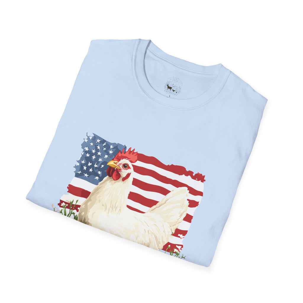 Patriotic Chicken T-Shirt – American Flag Hen Shirt, Farm Life Tee, 4th of July Chicken Shirt, Backyard Chicken Keeper Gift, Homestead Farm Apparel