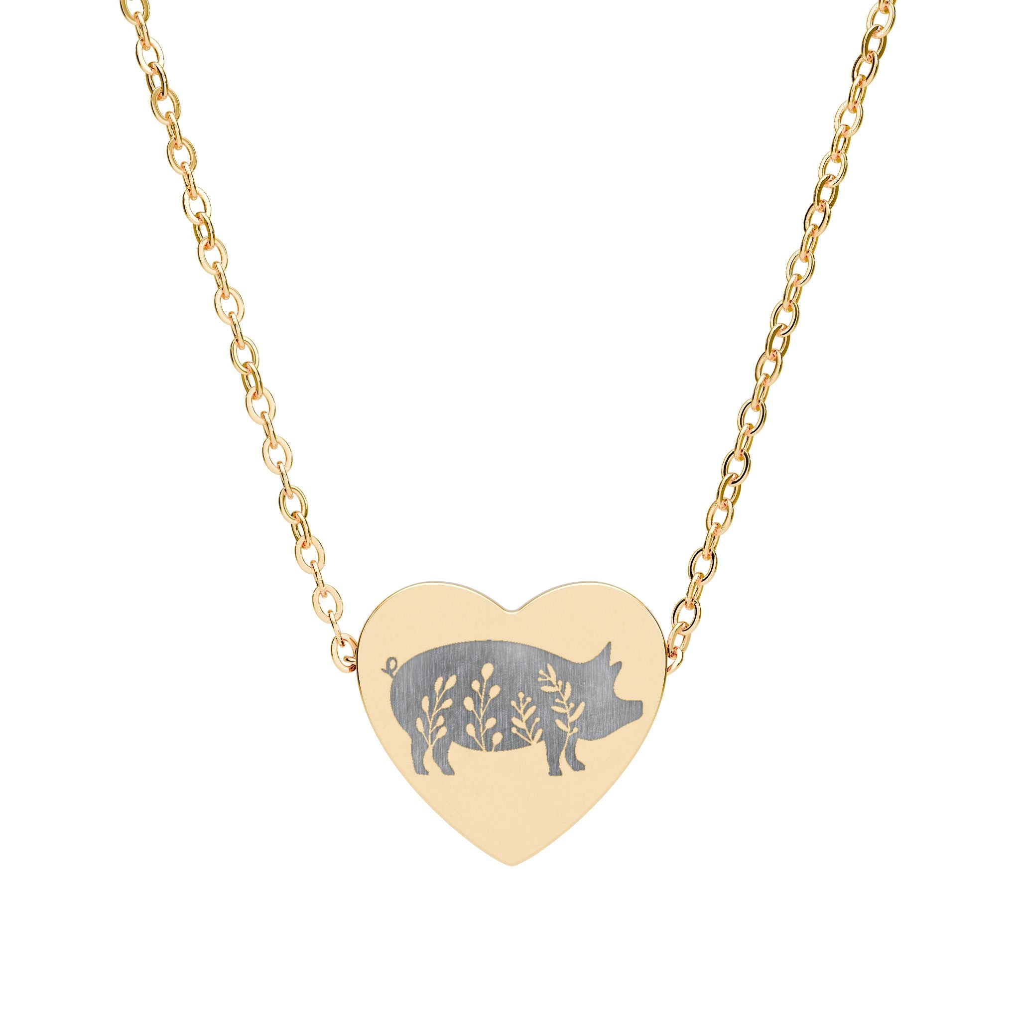 Floral Pig Heart Necklace – Farm Pig Jewelry, Pig Lover Gift, Homestead Necklace, Mini Pig Pendant, Farm Animal Jewelry, Stainless Steel Engraved Heart Necklace