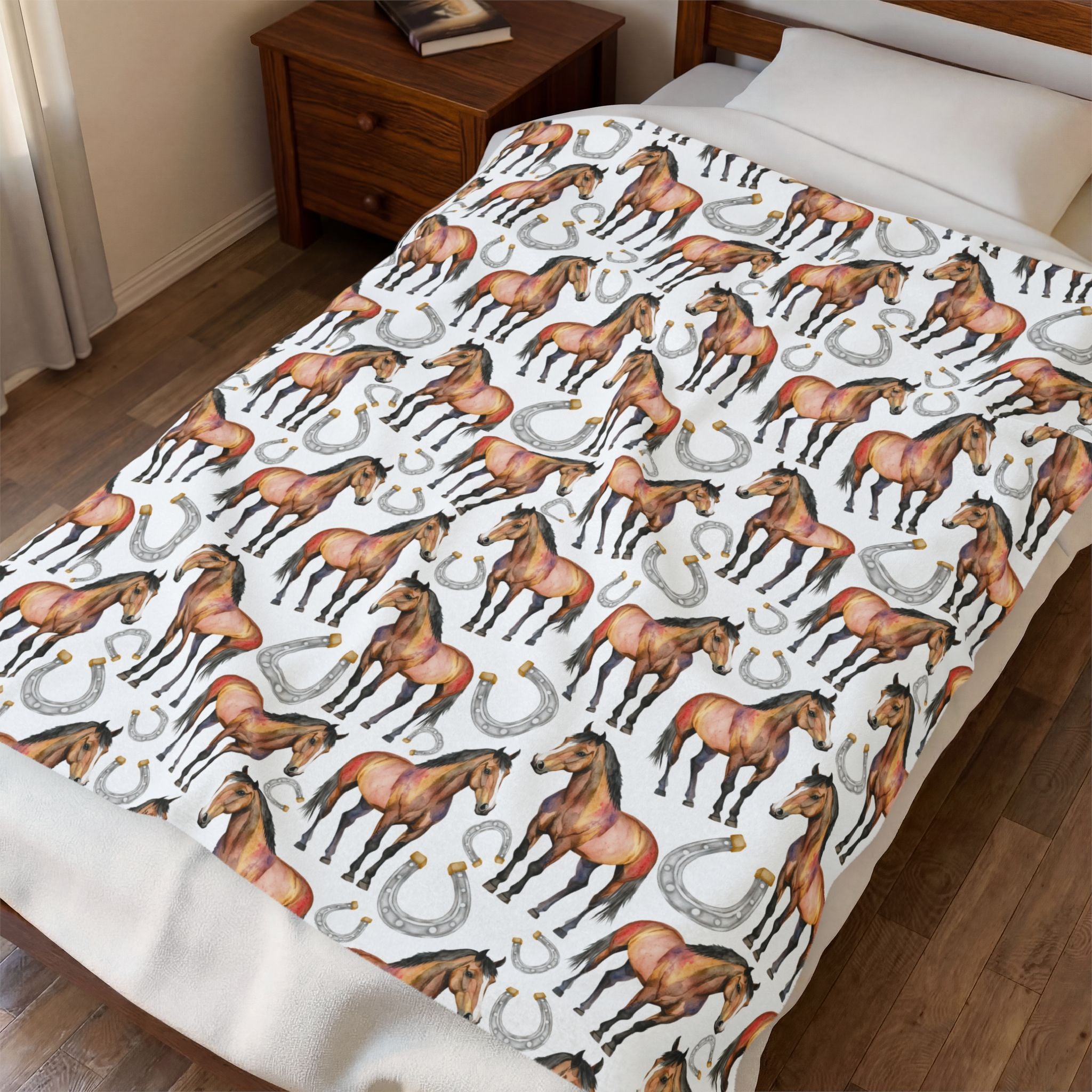 Western Horse Plush Blanket | Horse & Horseshoe Throw | Farmhouse Western Decor | Cozy Ranch Style Blanket | Horse Lover Gift | Gumpert Homestead
