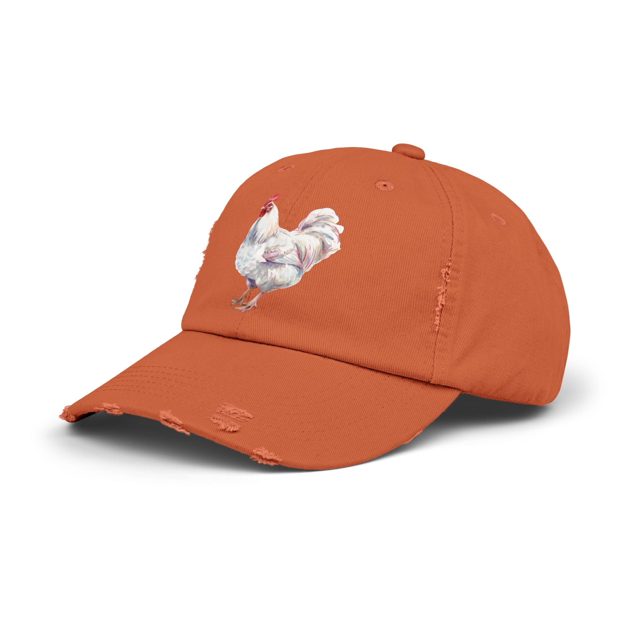 White Rooster Distressed Baseball Cap – Vintage Chicken Hat, Leghorn-Style Rooster, Farmhouse Poultry Cap, Backyard Chicken Keeper Gift