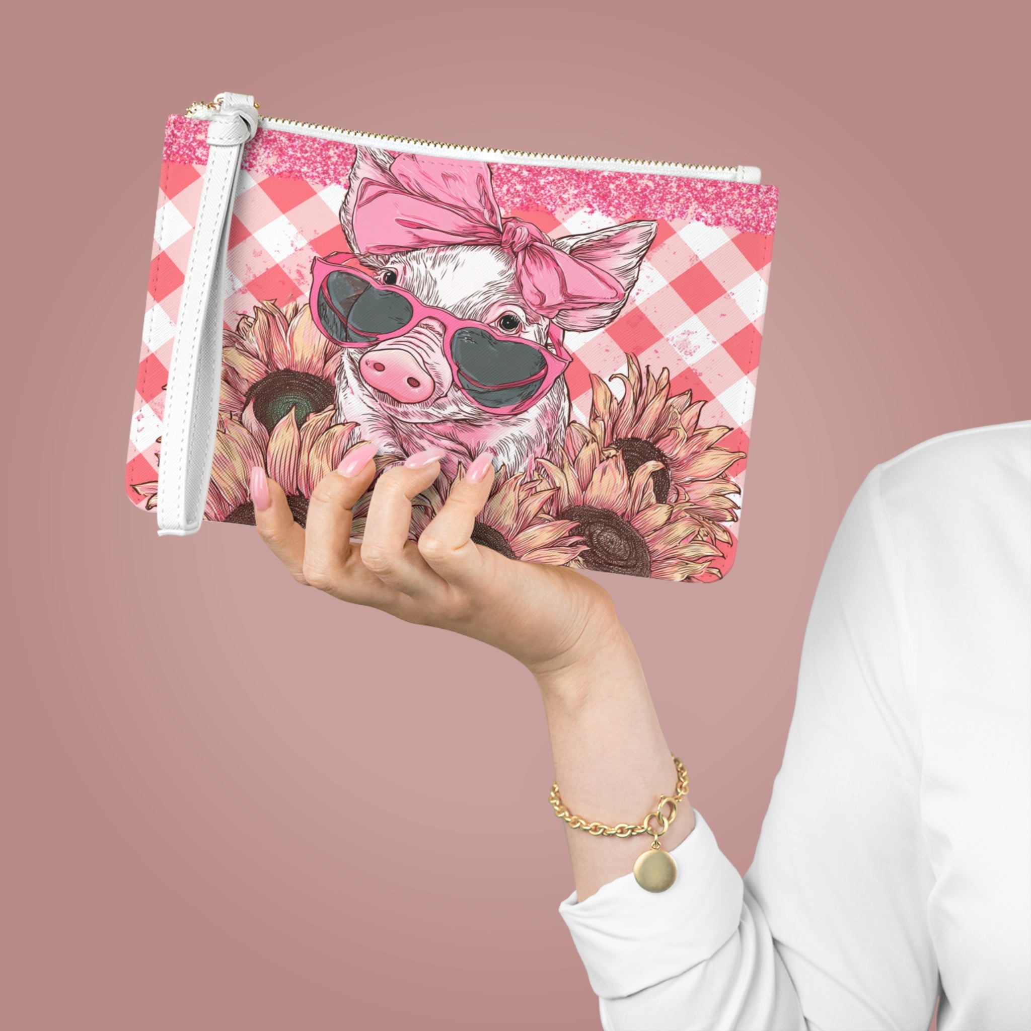 Pink Gingham Pig Clutch Bag | Cute Farm Pig Wristlet Purse | Farmhouse Makeup Bag | Sunflower Pig Zipper Pouch | Cottagecore Homestead Gift