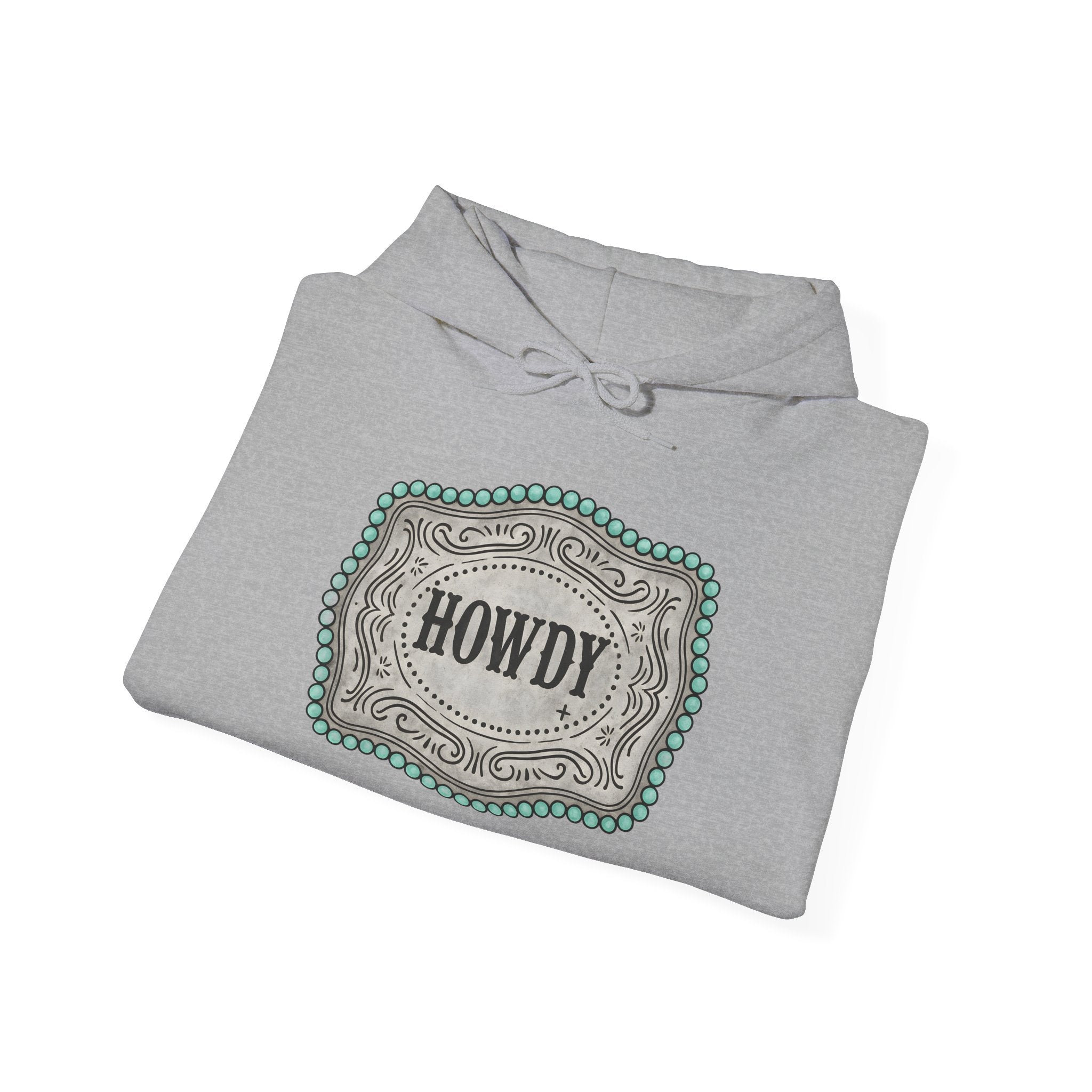 Howdy Turquoise Beaded Rodeo Belt Buckle Hoodie – Unisex Farmhouse Western Sweatshirt | Country Homestead Apparel