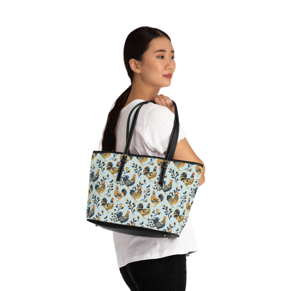 Blue Botanical Chicken Print Leather Shoulder Bag – Farmhouse Chicken Tote, Cute Hen Pattern Purse, Farm Life Handbag, Backyard Chicken Lover Bag