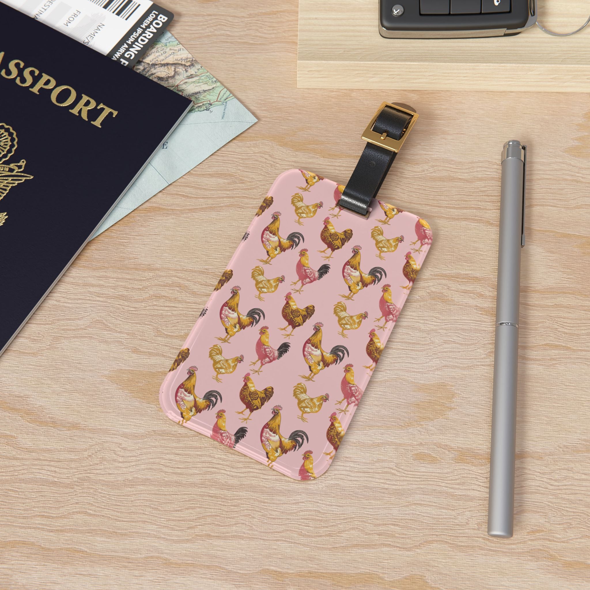 Pink Chicken Luggage Tag | Farmhouse Rooster Travel Accessory | Cute Poultry Suitcase Tag | Cottagecore Bag Identifier | Gumpert Homestead