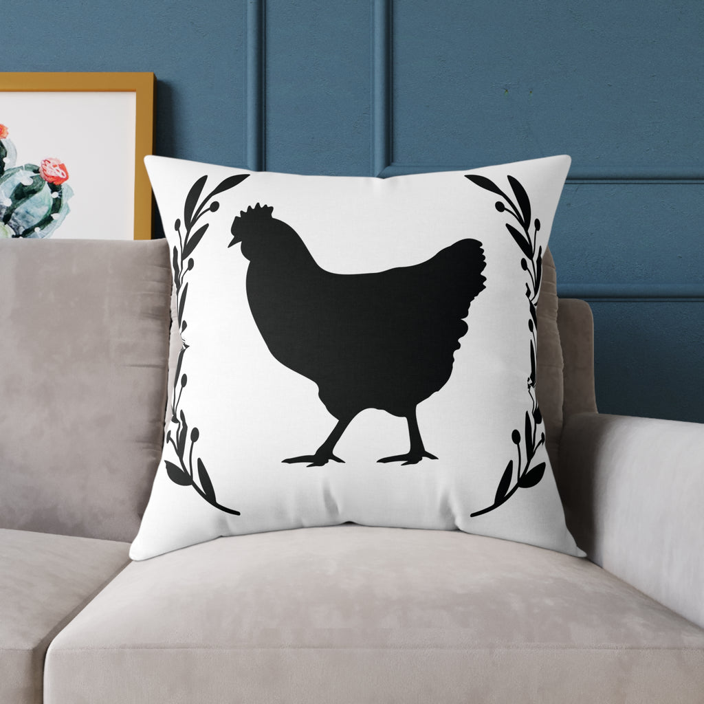 Farmhouse Chicken Silhouette Throw Pillow – Rustic Chicken Decor Cushion, Neutral Country Homestead Accent Pillow