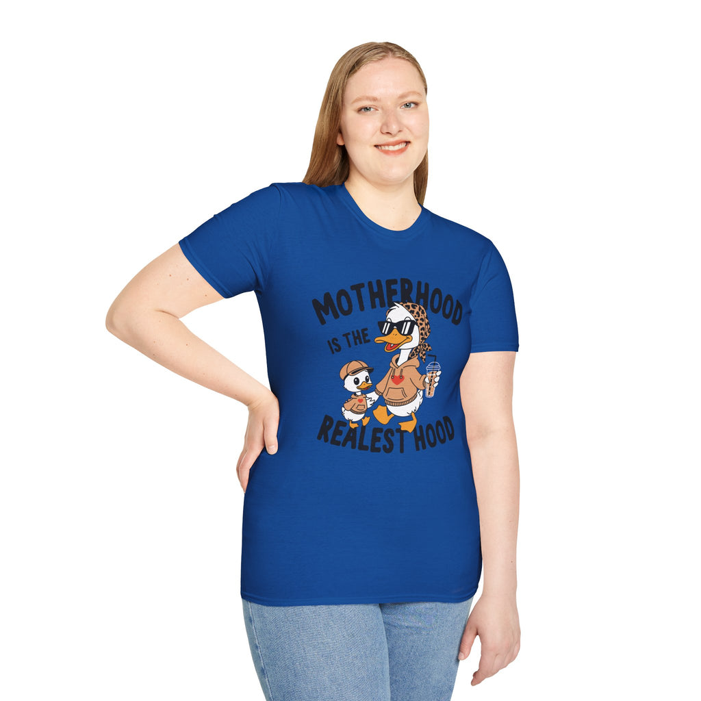 Motherhood Is the Realest Hood Funny Duck Mom Unisex T-Shirt | Farm Mom Graphic Tee