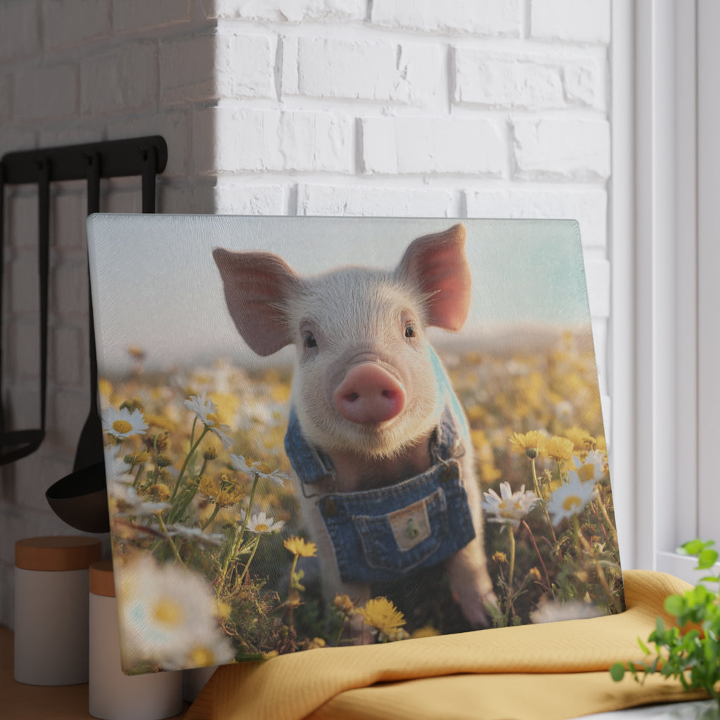 Piglet in Overalls Glass Cutting Board – Cute Farm Pig Kitchen Decor, Baby Pig Farmhouse Cutting Board, Country Homestead Kitchen Gift