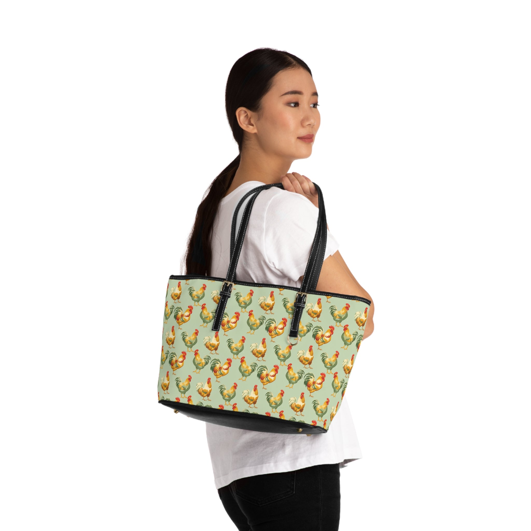 Sage Chicken Print PU Leather Shoulder Bag – Farmhouse Chicken Tote, Cute Hen Pattern Purse, Farm Life Handbag, Backyard Chicken Lover Bag