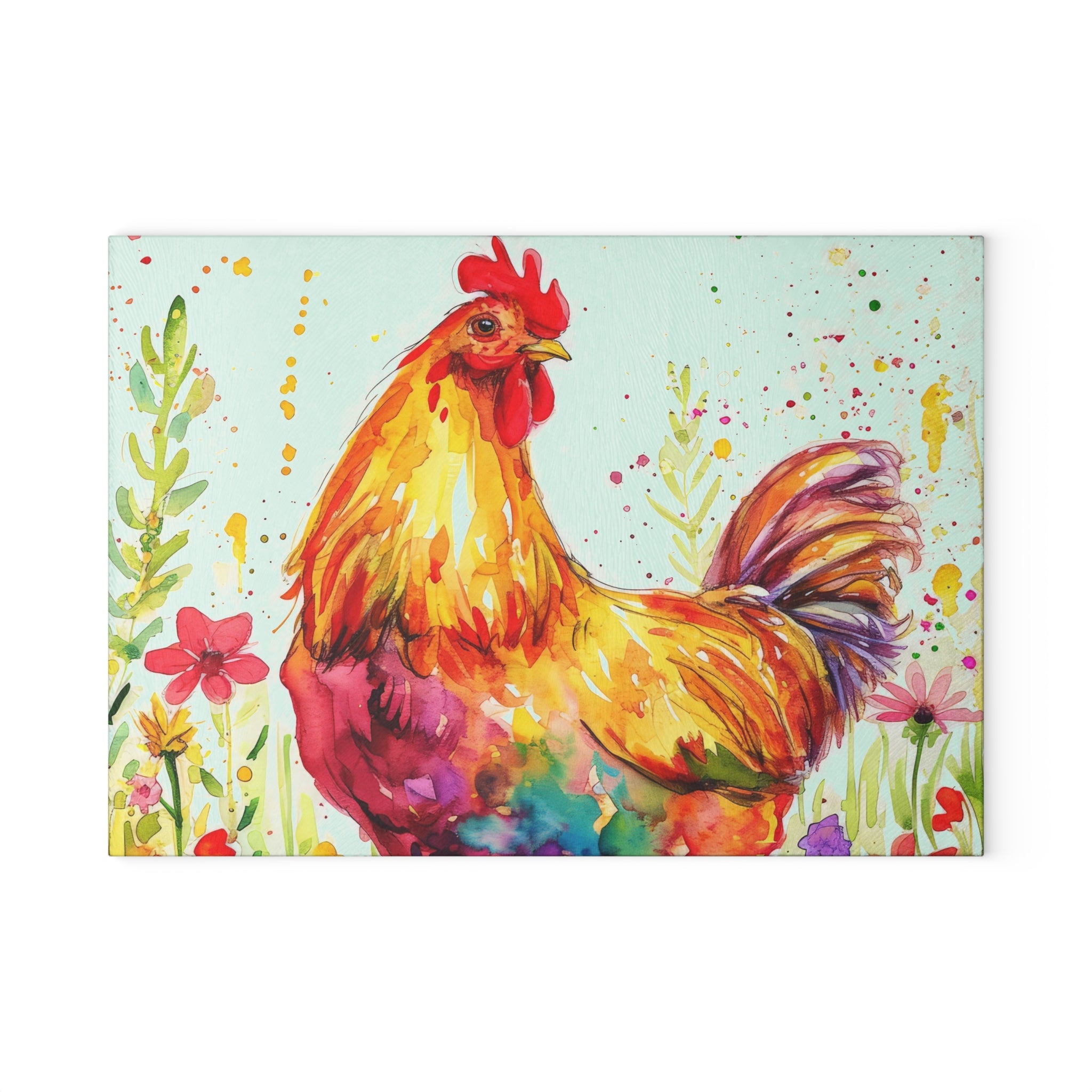 Floral Chicken Glass Cutting Board – Farmhouse Kitchen Decor, Colorful Chicken Counter Protector, Homestead Gift
