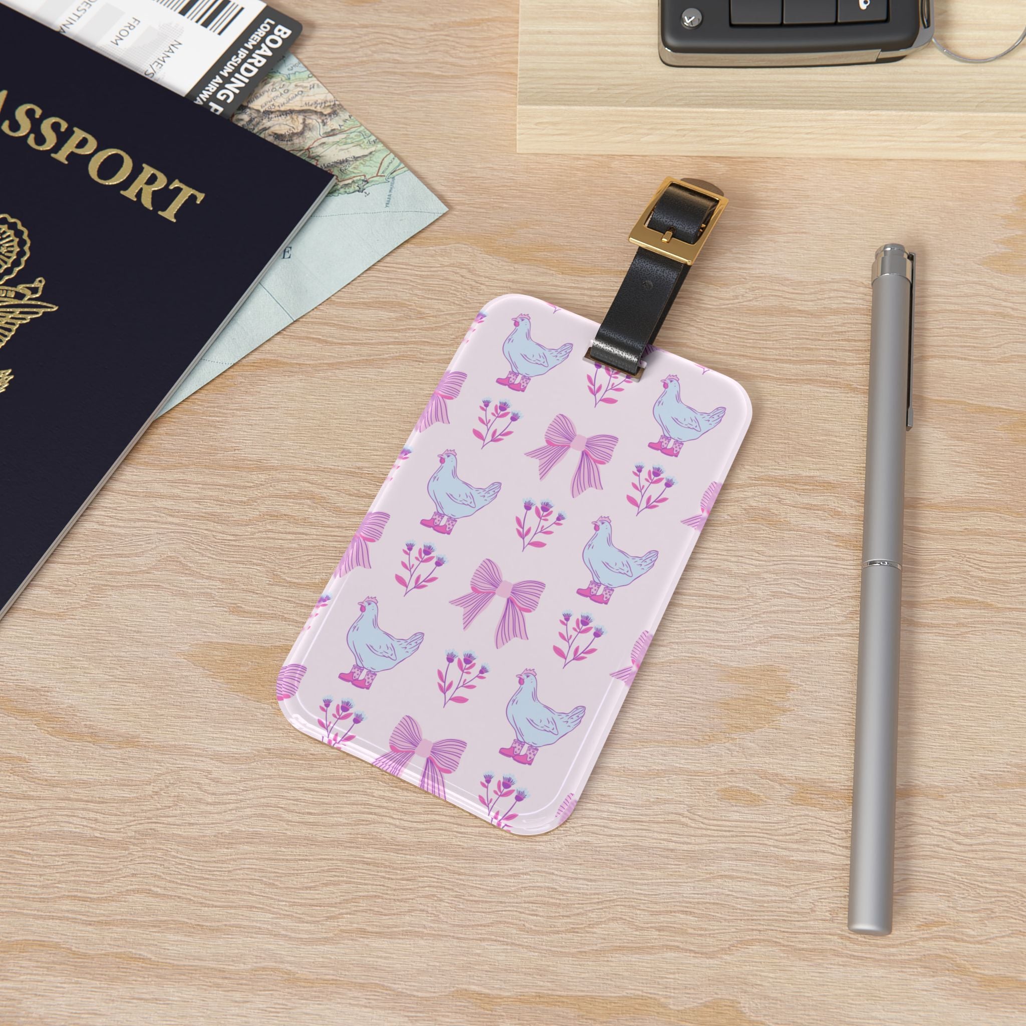 Pink Chicken Luggage Tag | Farmhouse Travel Accessory | Cute Chicken Suitcase Tag | Cottagecore Poultry Bag Identifier | Gumpert Homestead